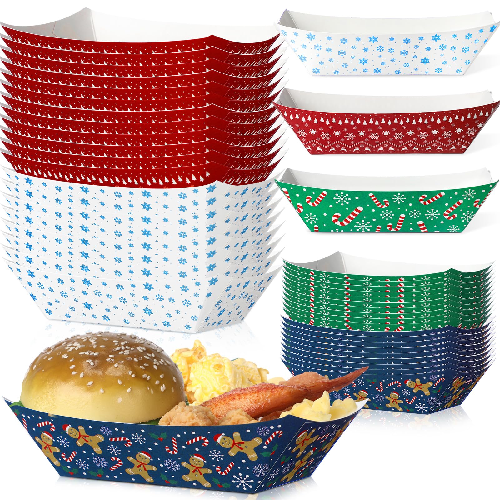 Fulmoon 100 Pc Christmas Paper Food Trays 3 Lb Heavy Duty Paper Food Boats Disposable Nacho Trays Serving Baskets Trays for Food Nachos Taco Popcorn Hot Dog Christmas Party Supplies (4 Styles)