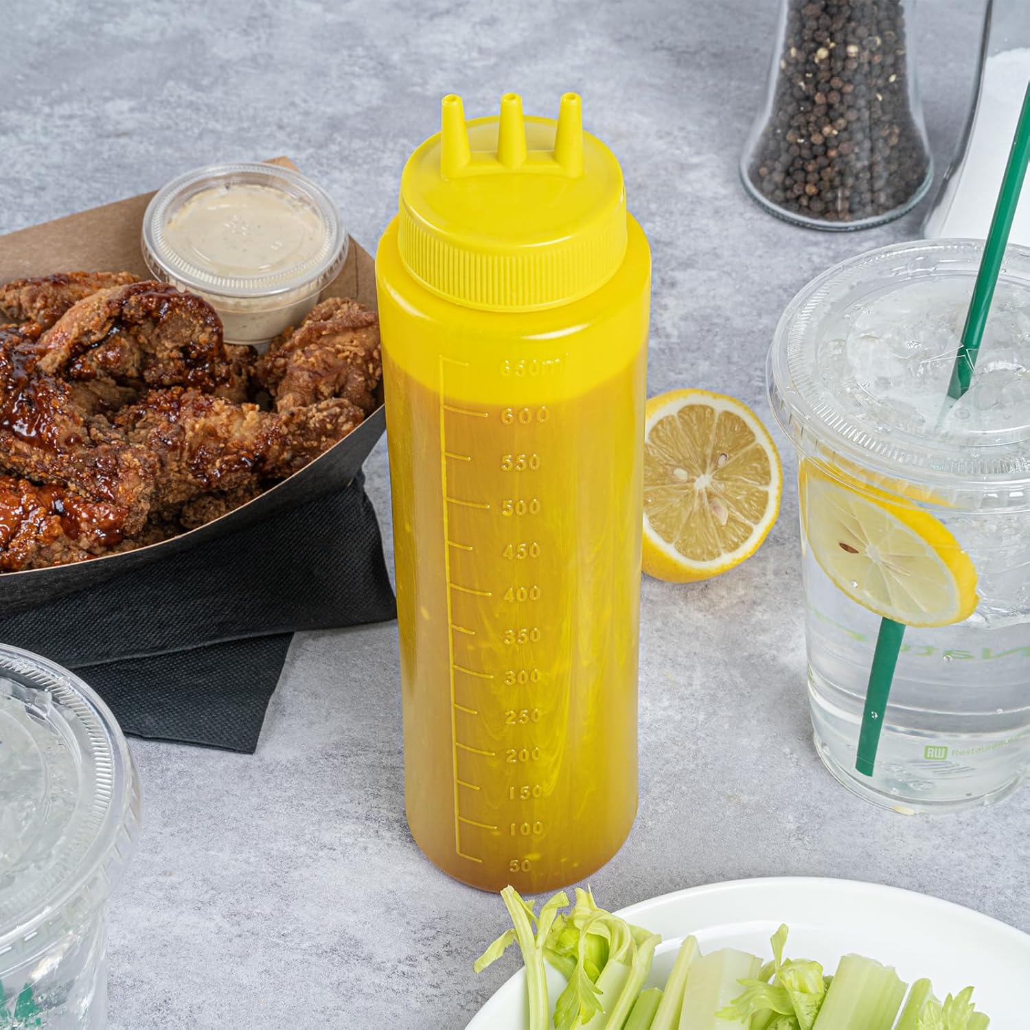 Restaurantware-24 Ounce Condiment Squeeze Bottles, 6 Squeeze Bottles With Triple Dispersion Tips - Large, Flexible, Yellow Plastic Mustard Bottles, For Dispensing Sauces Or Oils