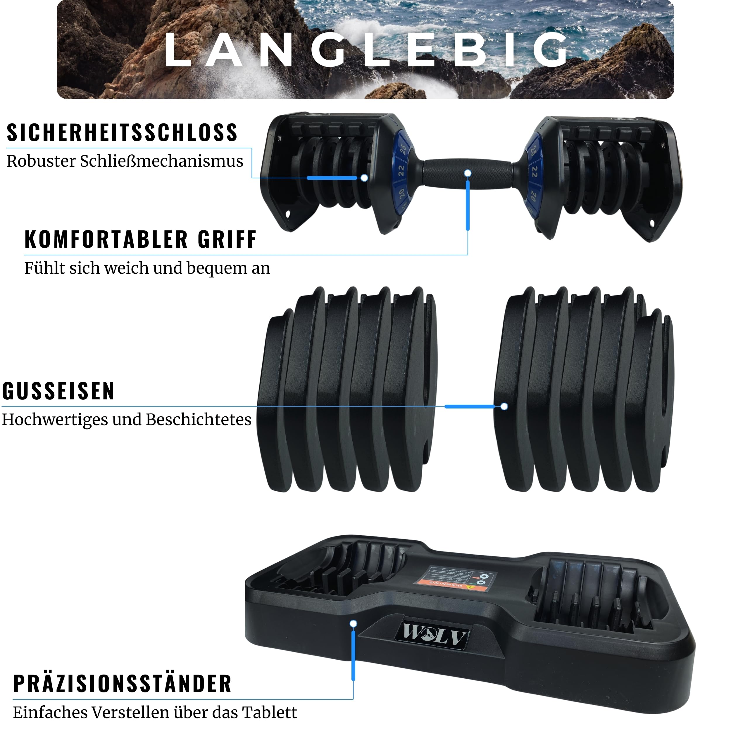 WOLV 25kg Verstellbare Hanteln – Einstellbare Hantel mit 10 Gewichtsstufen, Platzsparendes Design, Hanteln mit rutschfestem Griff, Perfekt für Zuhause, Fitnessstudio & Krafttraining