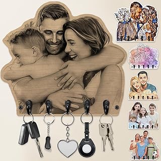 YanNanKe Custom Photo Wooden Key Holder for Wall Personalized Key Rack Picture Frame with Key Hooks Customized Key Hanger with 5 Hooks Rustic Home Decor Gifts