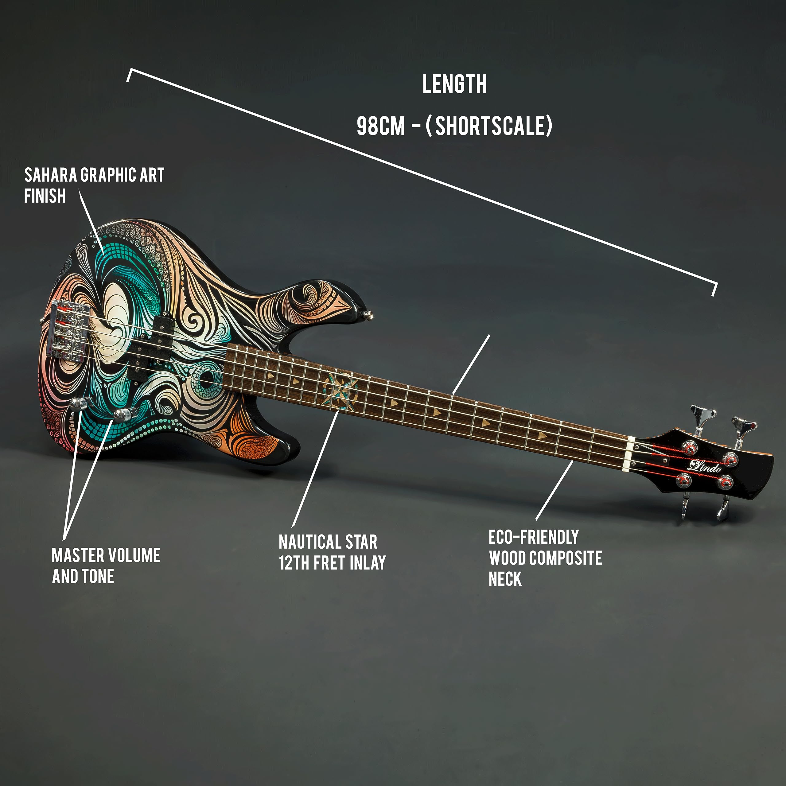 Guitarra Bajo Eléctrica Lindo Sahara (Escala Corta 30") | Incrustación de Concha Abalone y Madera de Arce, Estrella Náutica en el Traste 12 | Acabado de Arte Gráfico | Mástil Compuesto