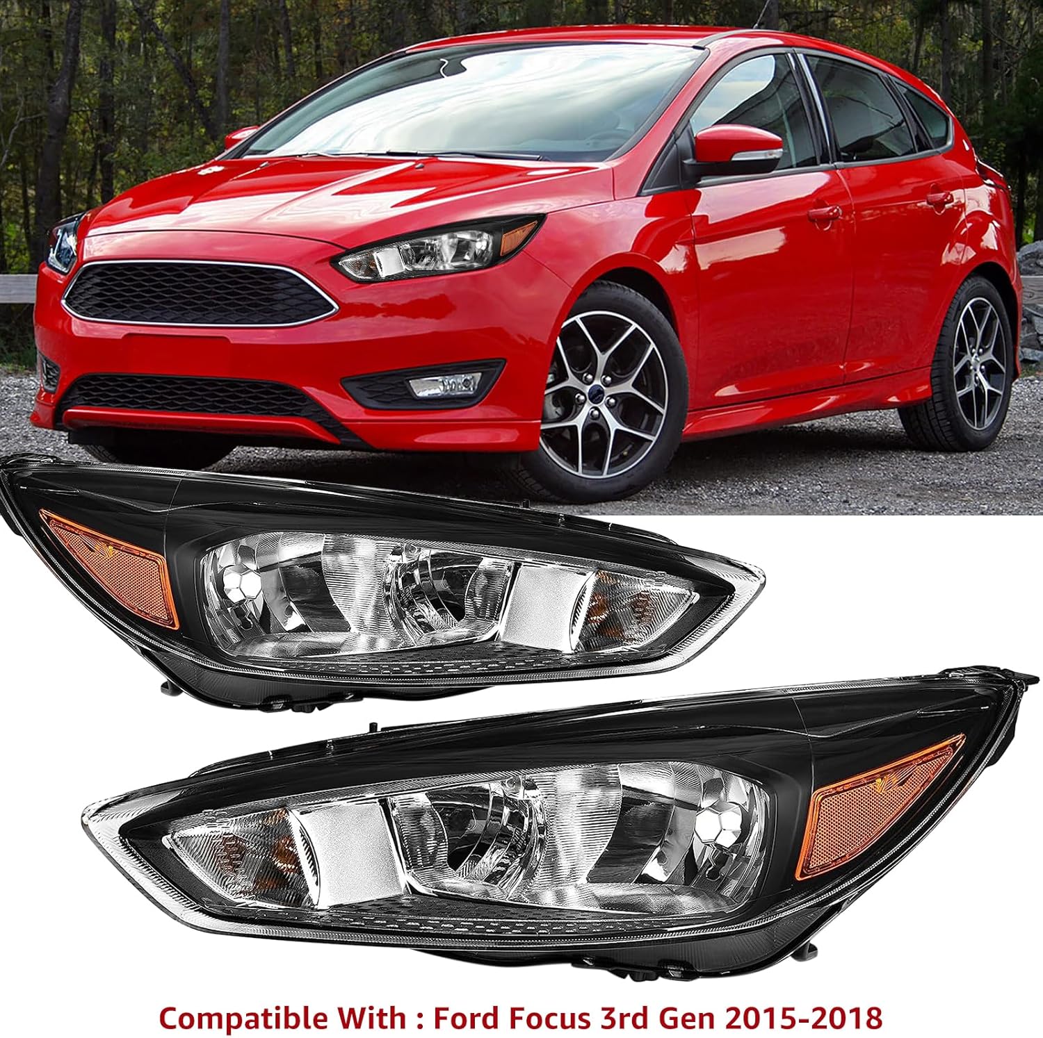 Headlights Assembly Compatible With 2015-2018 Ford Focus Halogen Headlamp,Black Housing Amber OE Style,1x Pair