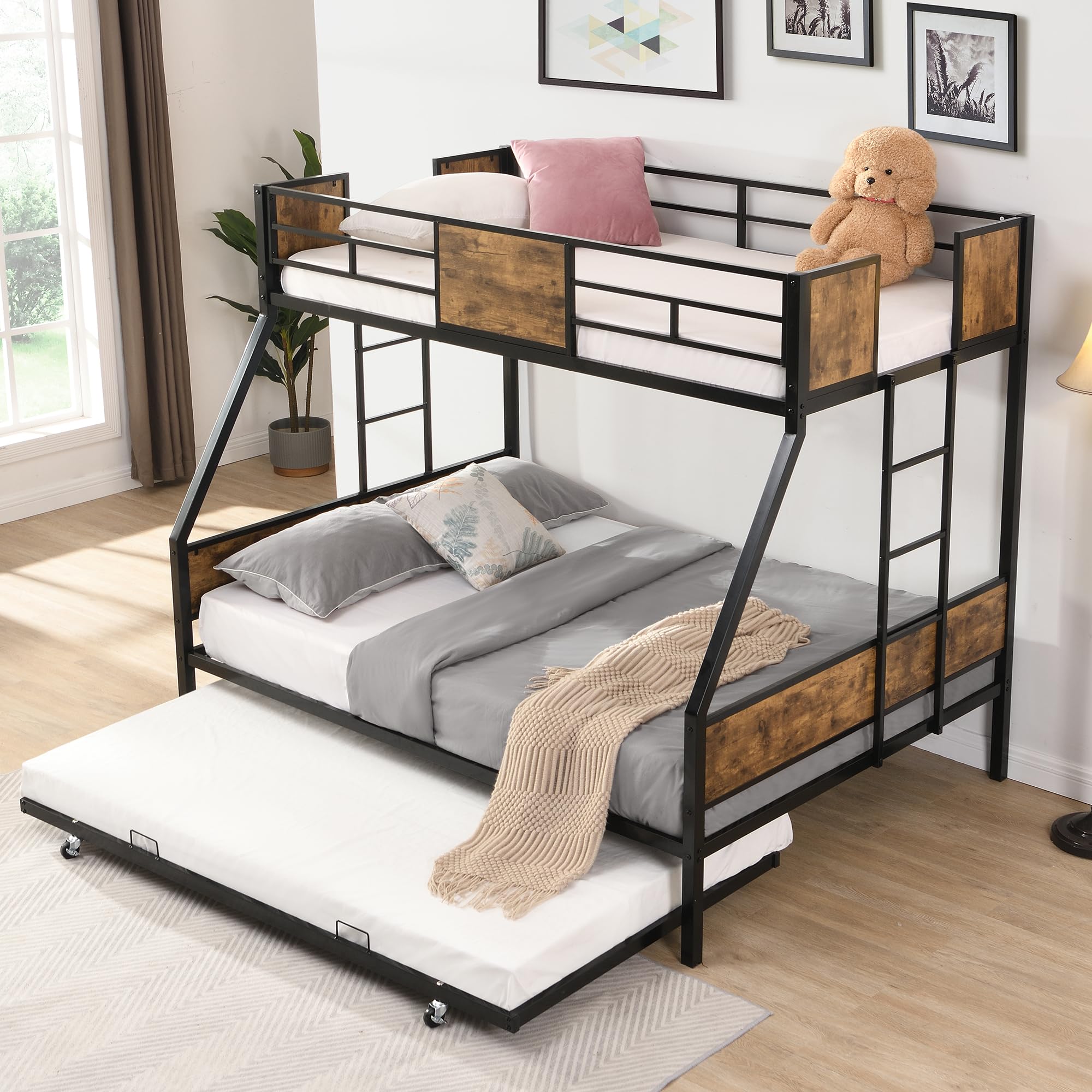 Olela Twin Over Full Bunk Bed with Trundle, Black Frame