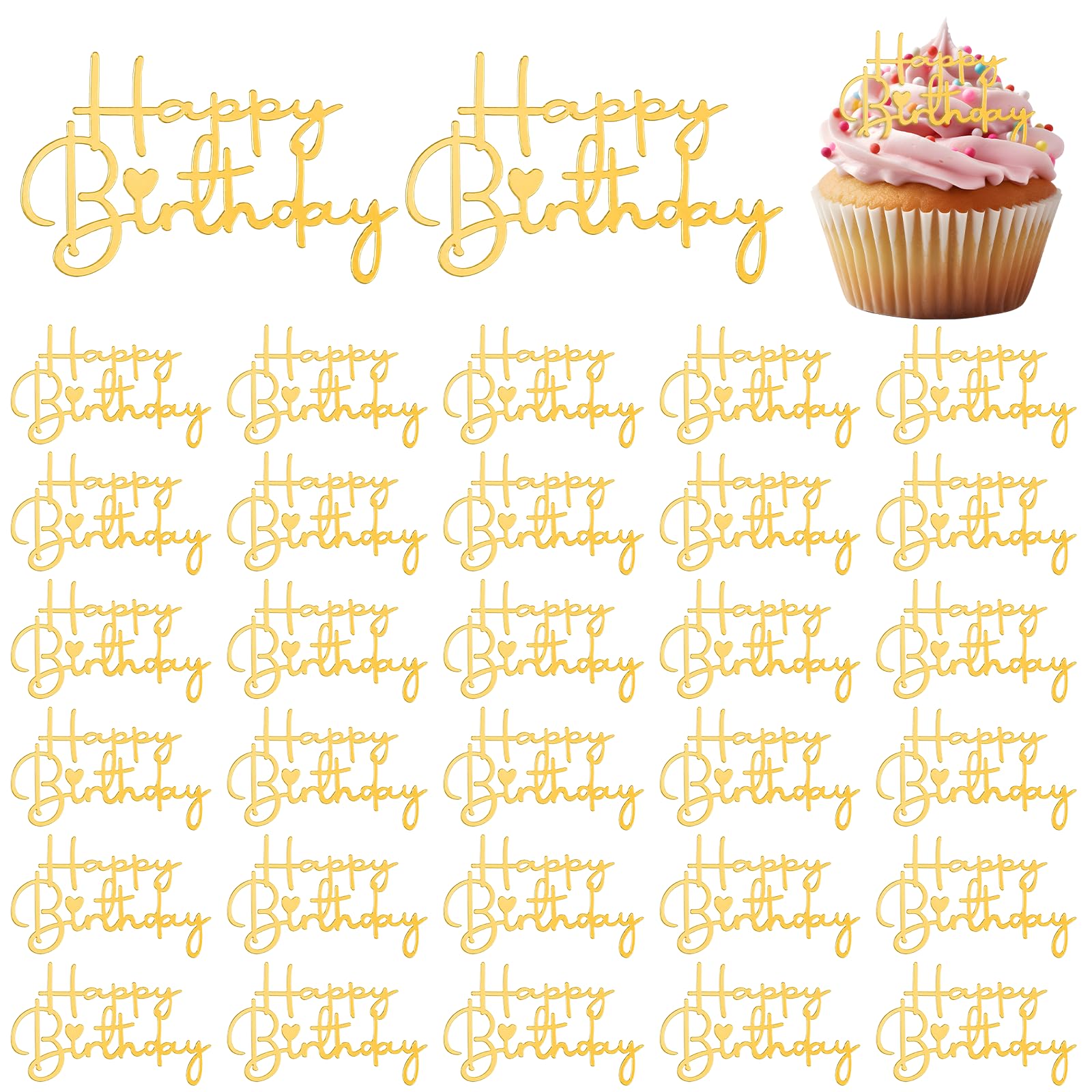 Xelsluthe 30 PCS Gold Cupcake Toppers Happy Birthday Acrylic Cake Topper