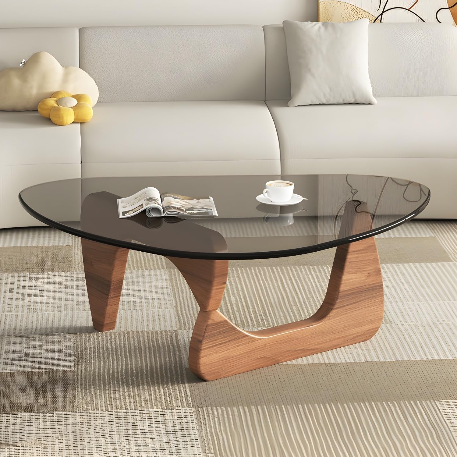 LITFAD Triangle Glass Coffee Table Modern Cocktail Table with Abstract Wood Base for Modern Decor Creative Living Room Table - Brown Base Brown/Clear Top 33" L x 22" W x 16" H