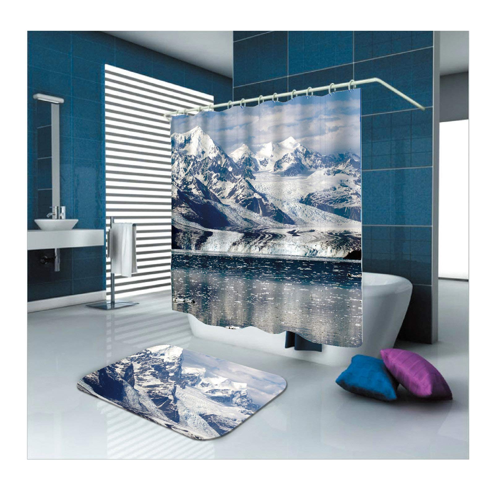 KnSam - Cortina de ducha de poliéster y alfombrilla para el suelo, 180 x 200 cm, color blanco