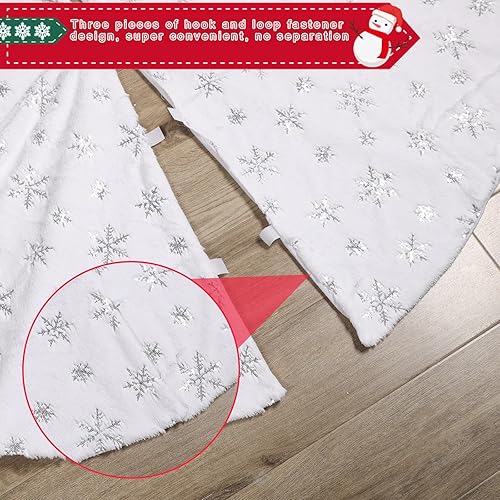 Miniatura 5 de Falda grande de árbol de Navidad de 70 pulgadas, piel sintética blanca con lentejuelas, copos de nieve plateados para decoración de árbol de