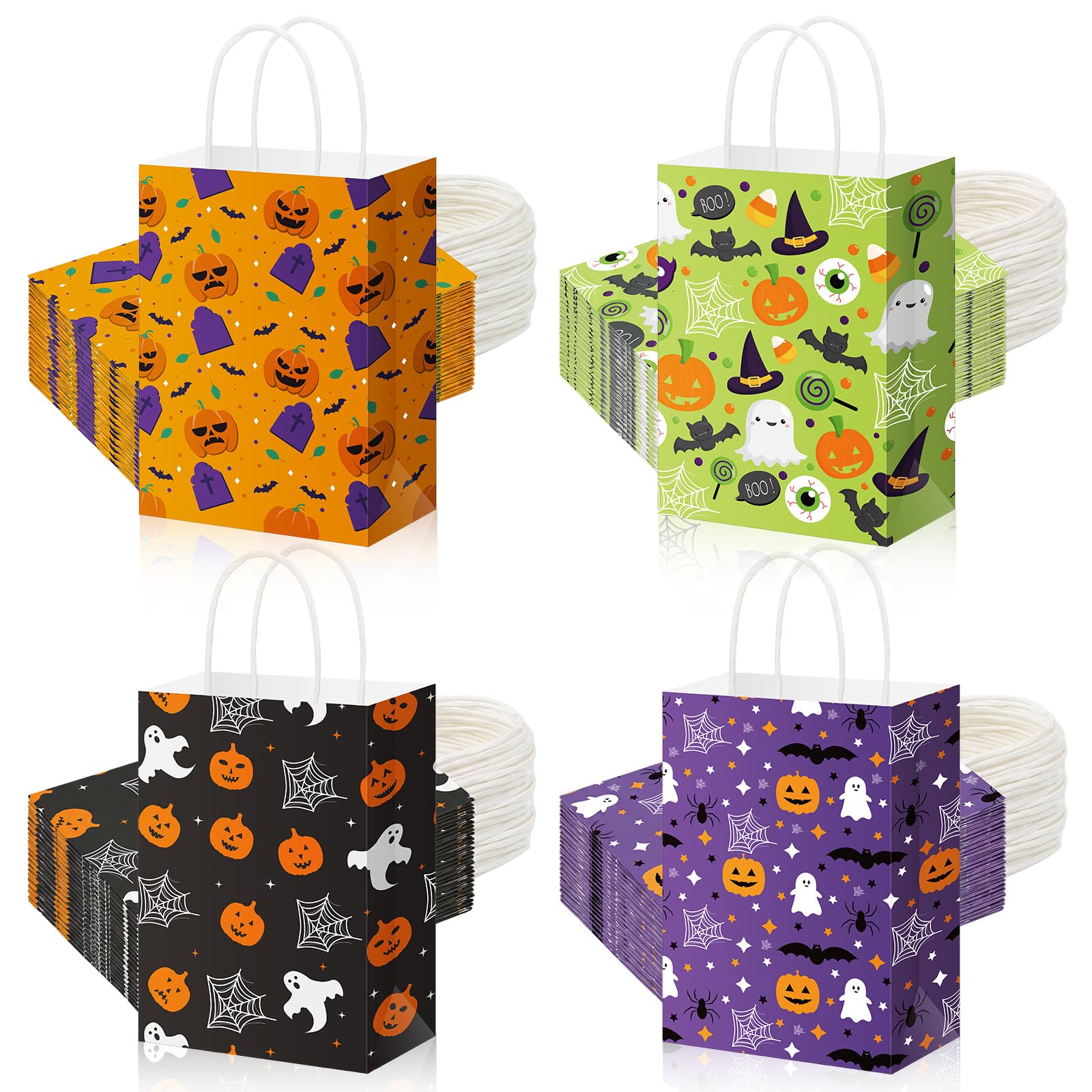 Yexiya Paquete de 100 bolsas de regalo de papel de Halloween con asas, sacos de golosinas de truco o trato, calabaza, fantasma, murciélago, telaraña, recuerdos de fiesta para dulces de Halloween