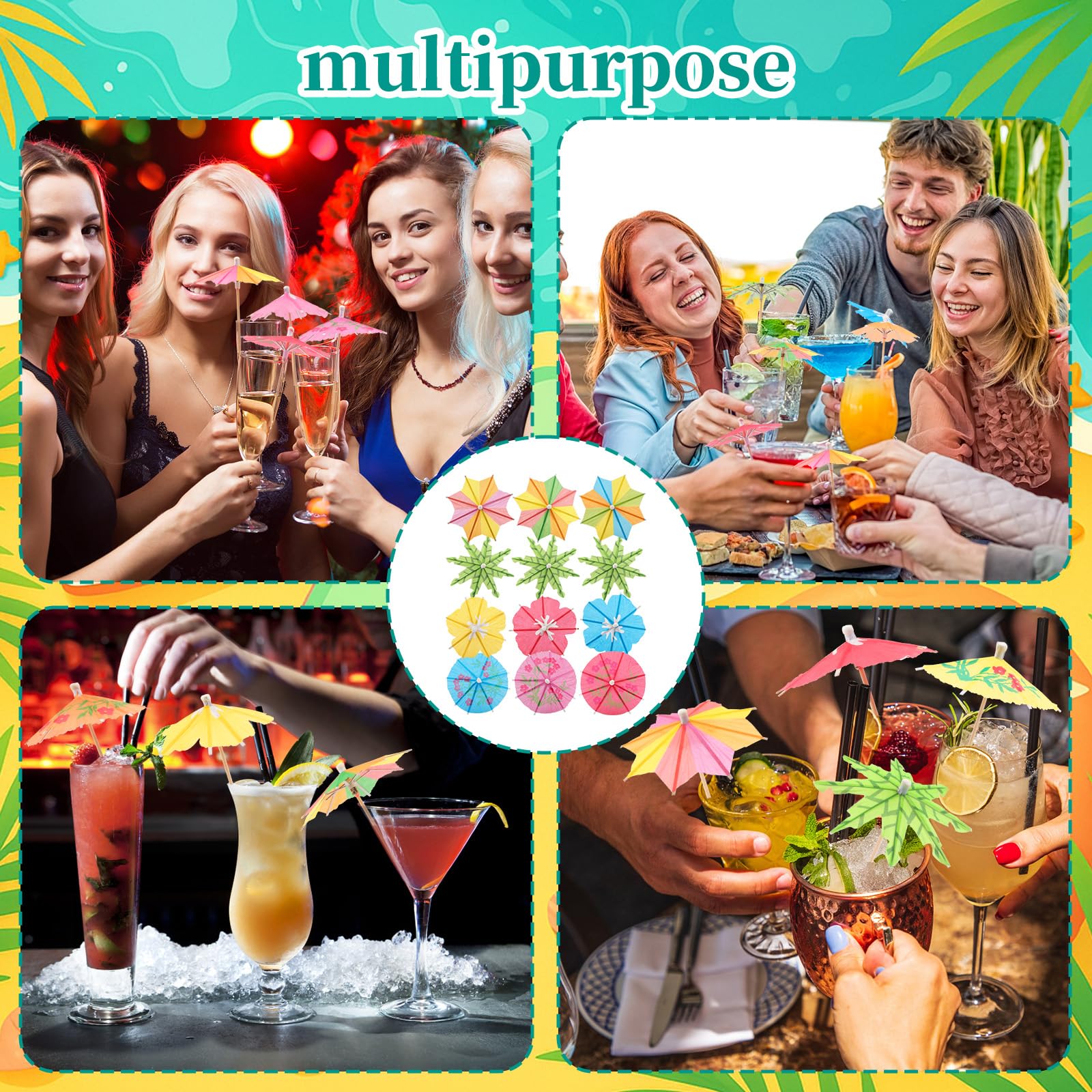 [4 estilos] Sombrillas de cóctel para bebidas, palillos de dientes, palillos de cóctel de variaciones coloridas con palos de madera, mini sombrillas de papel para decoraciones de fiesta Tiki Luau y