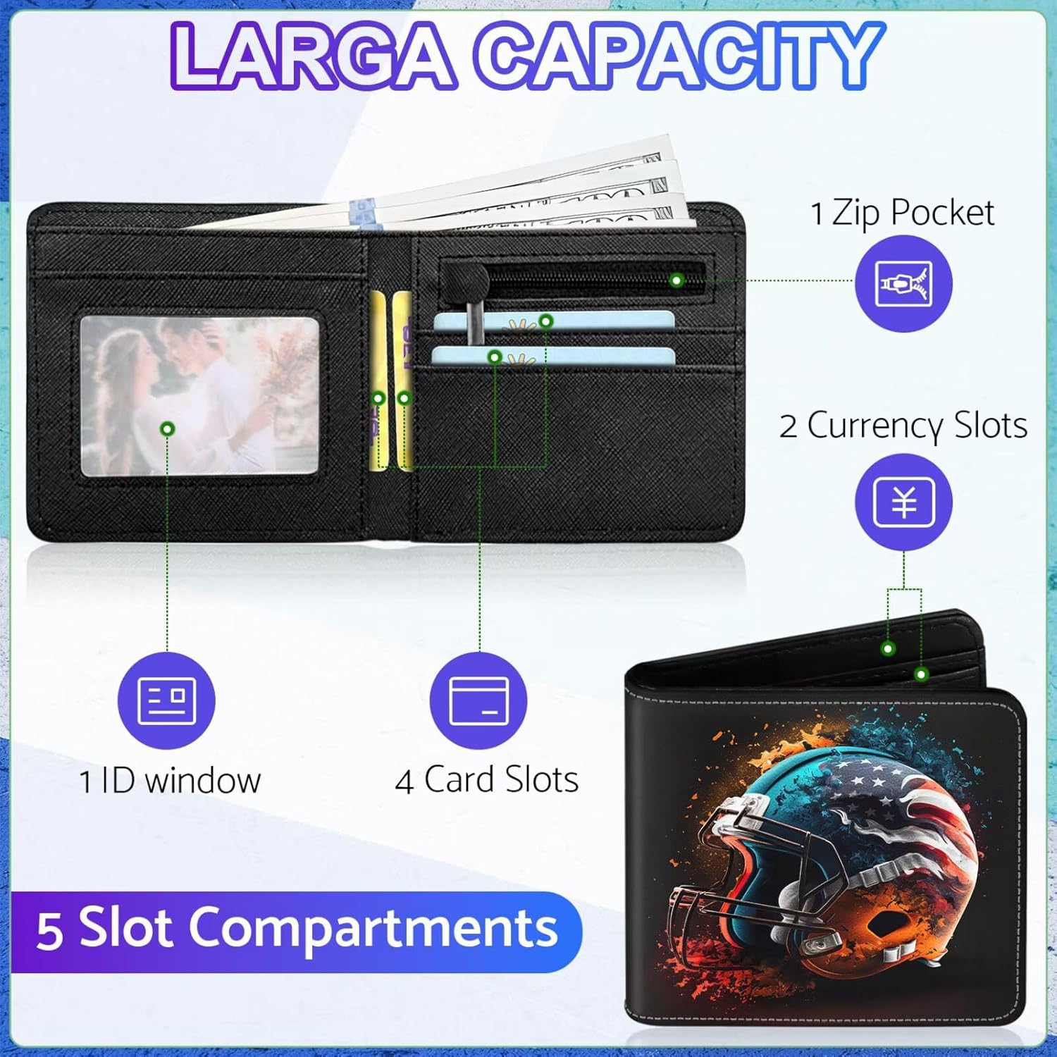 Boys Wallet for Teens, Cool Kids Wallet for Boys Ages 8-10 9-12 11-15, Funny Helmets Leather Bifold Rfid Blocking, Coin Pocket Id Window for Teen Men Youth Guys Birthday Christmas Gifts - Image 4