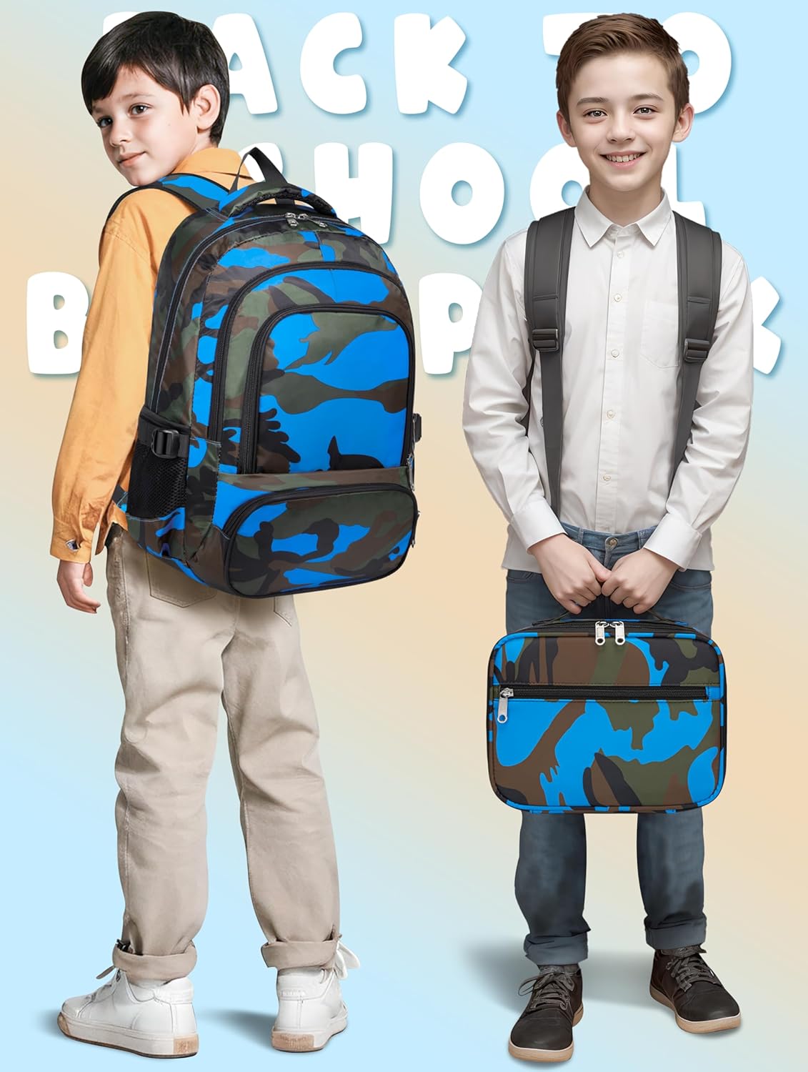 BLUEFAIRY Kids Backpack with Lunch Box for Girls Boys Elementary Primary Middle School Bag with Lunch Bag Set 17 Inch Bookbag Mochilas Escolares para Niñas Niños (Camo, Sky Blue) - Image 3