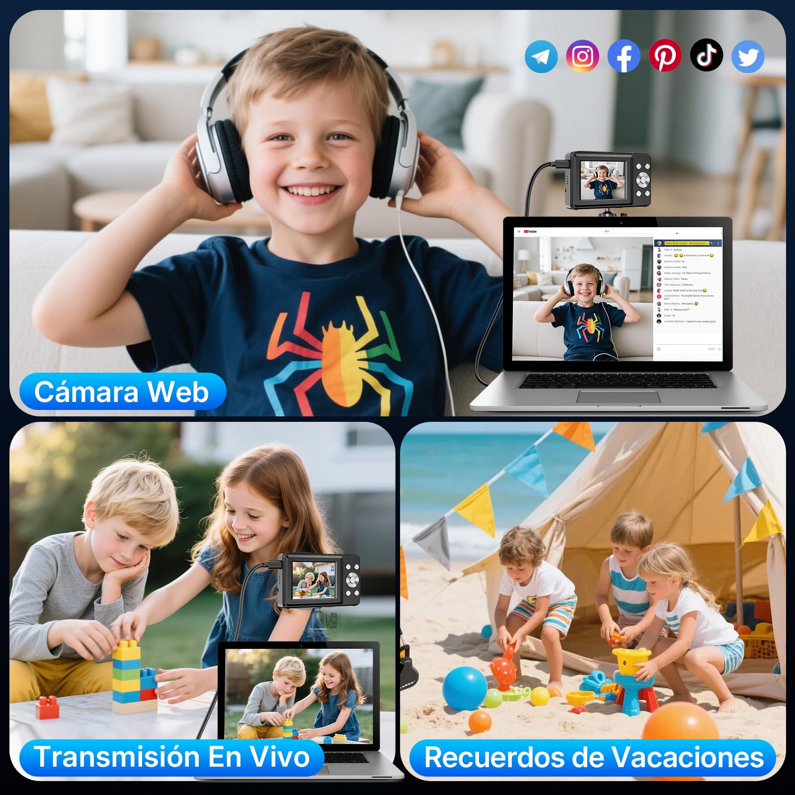 Cámara Digital Compacta Cámara de Fotos Digital 44MP 1080P con Pantalla IPS de 2,4”, Zoom Digital 16X, Antivibración, Tarjeta 32GB, 2 Baterías para Adolescentes Niños, Niñas Negro