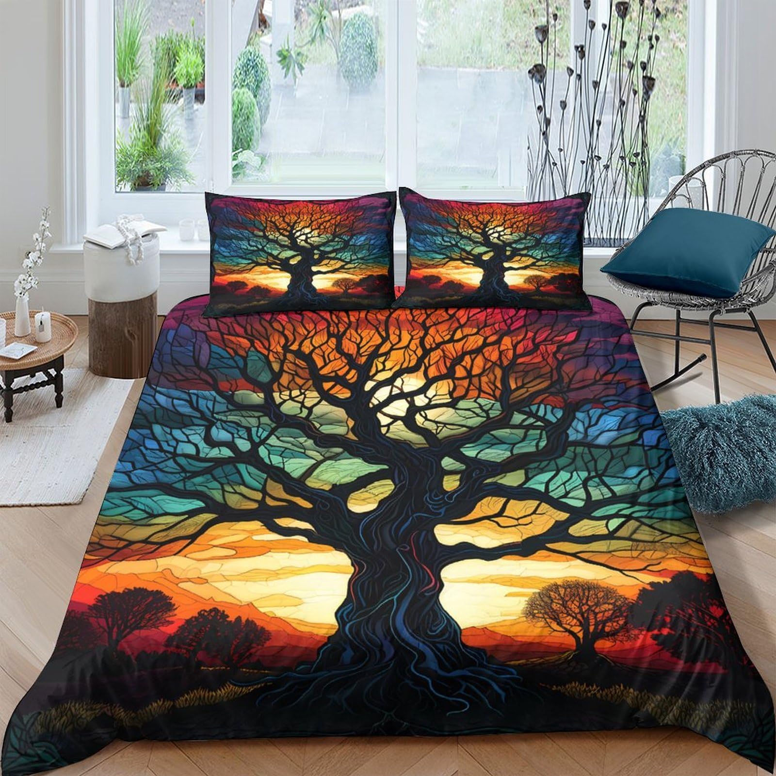 GPLZQXKJNH 3D Printed Sunset Tree Duvet Cover Microfiber Soft Breathable Rainbow Forest Bedding Set with 2 Pillowcases for Bedroom Decor Single（135x200cm）