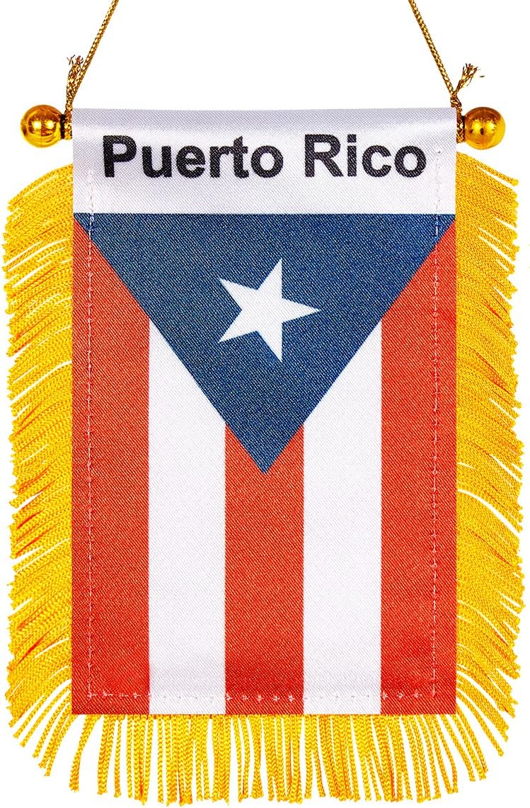 WXTWK 3 X 5 Inch Puerto Rico Flag Puerto Rican Window Hanging Flag Small Mini Car Flags Banners Rearview Mirror Decoration With Suction Cup Golden Fringy Banner