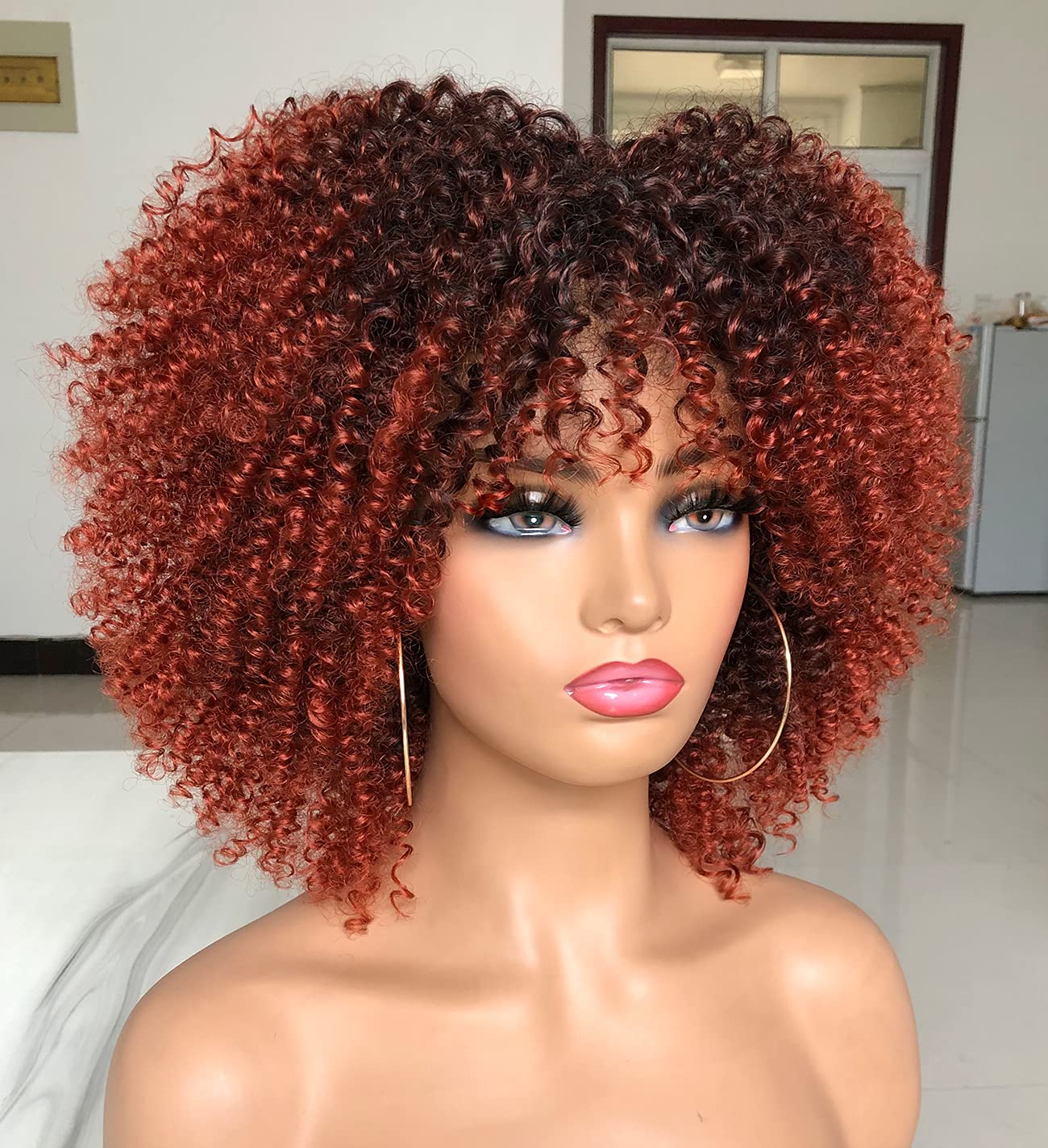 CoCrowns 10Inch Short Curly Afro Wigs with Bangs Bomb Afro Kinky Curly Wig for Black Women Synthetic Fiber Full Wig (Ombre Orange) - Image 3