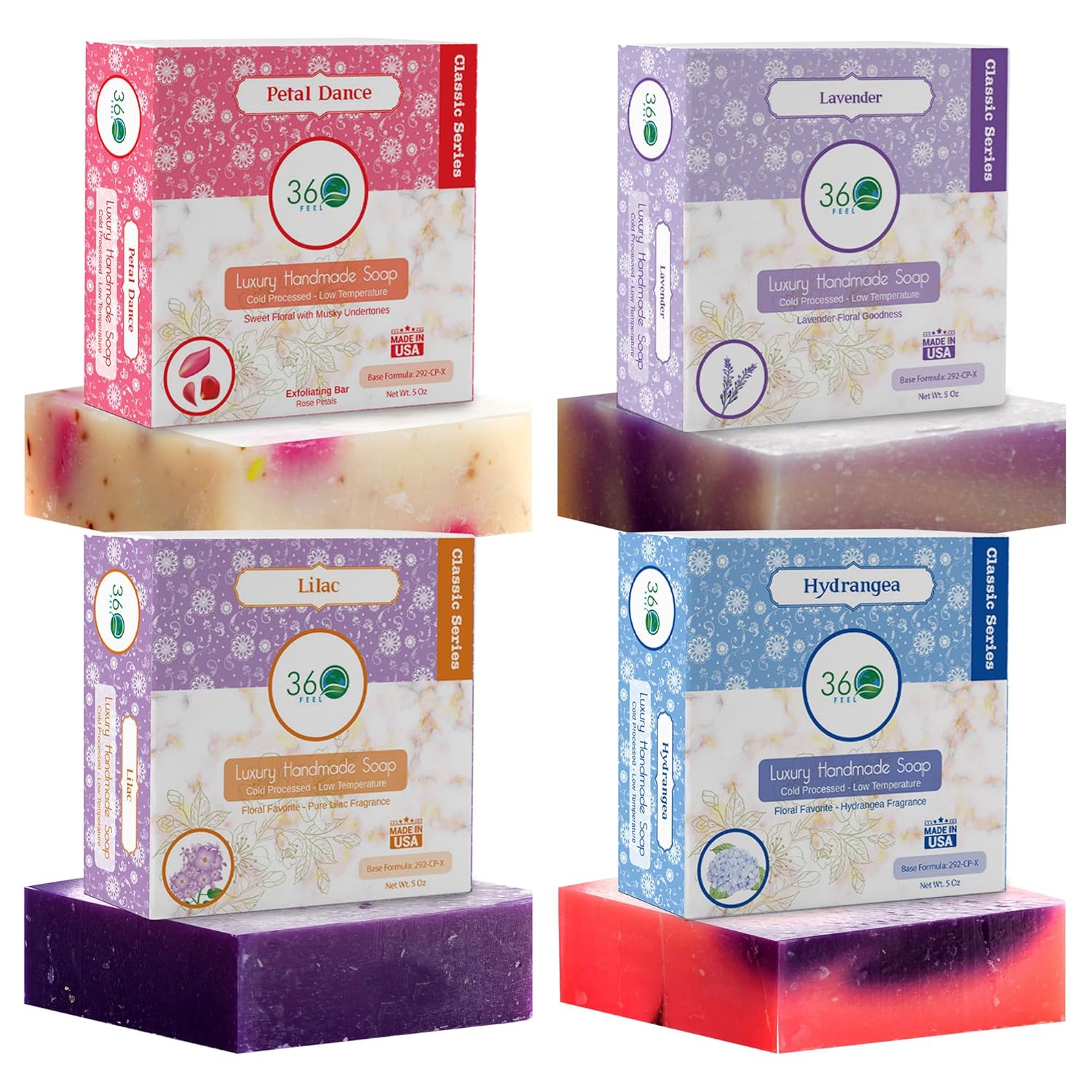 360 Feel – Floral Bar Soap Set – Made in the USA – Castile Handmade All Natural Cold Processed – Infused with Lavender, Lilac , Hydrangea & Petal Dance – Moisturizing Skin Care – (5oz, 4-Pack) 360 Feel – Floral Bar Soap Set – Made in the USA – Castile Handmade All Natural Cold Processed – Infused with Lavender, Lilac , Hydrangea & Petal Dance – Moisturizing Skin Care – (5oz, 4-Pack)