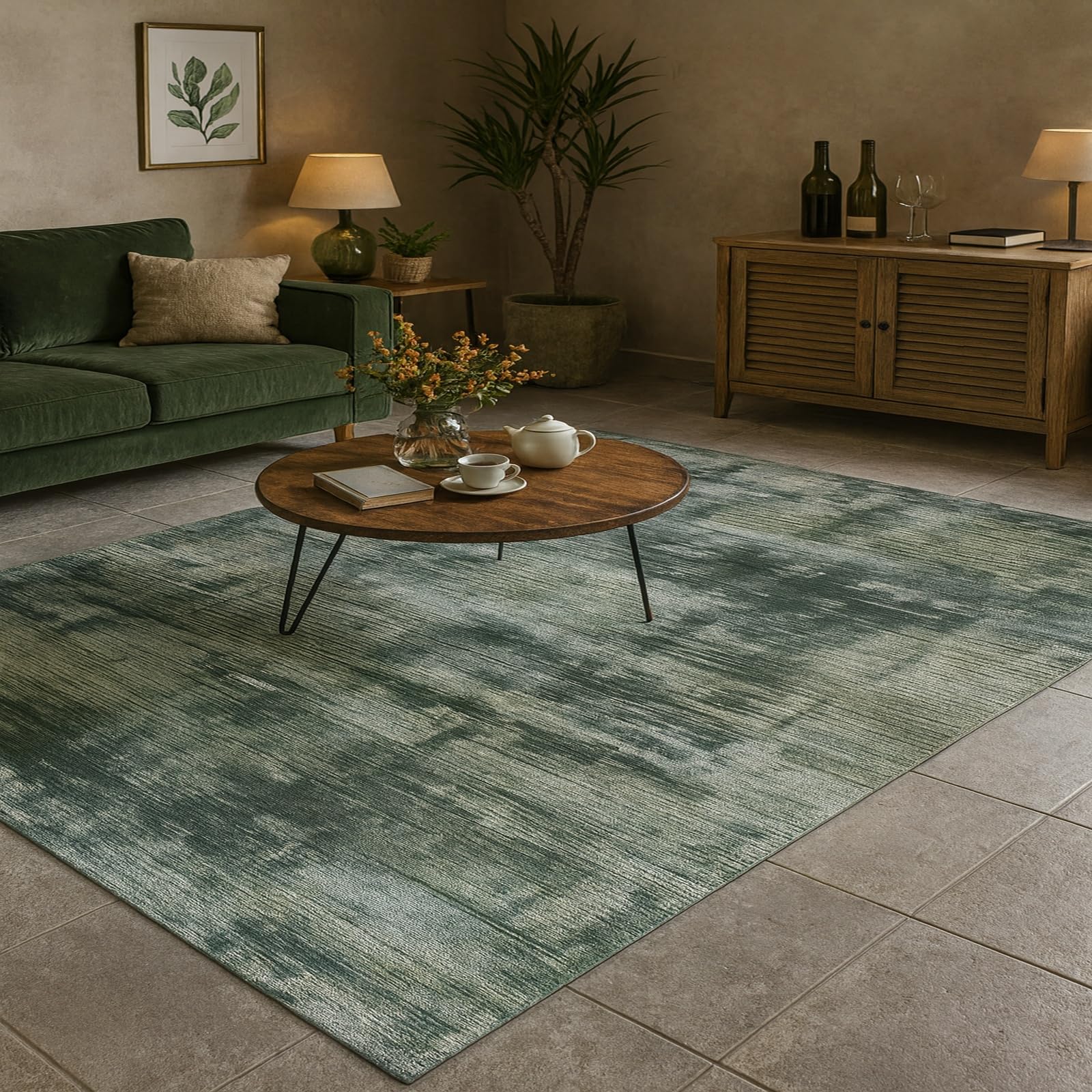 Tapis de salon poil ras grand tapis intérieur vert abstrait chambre entrée 180x270