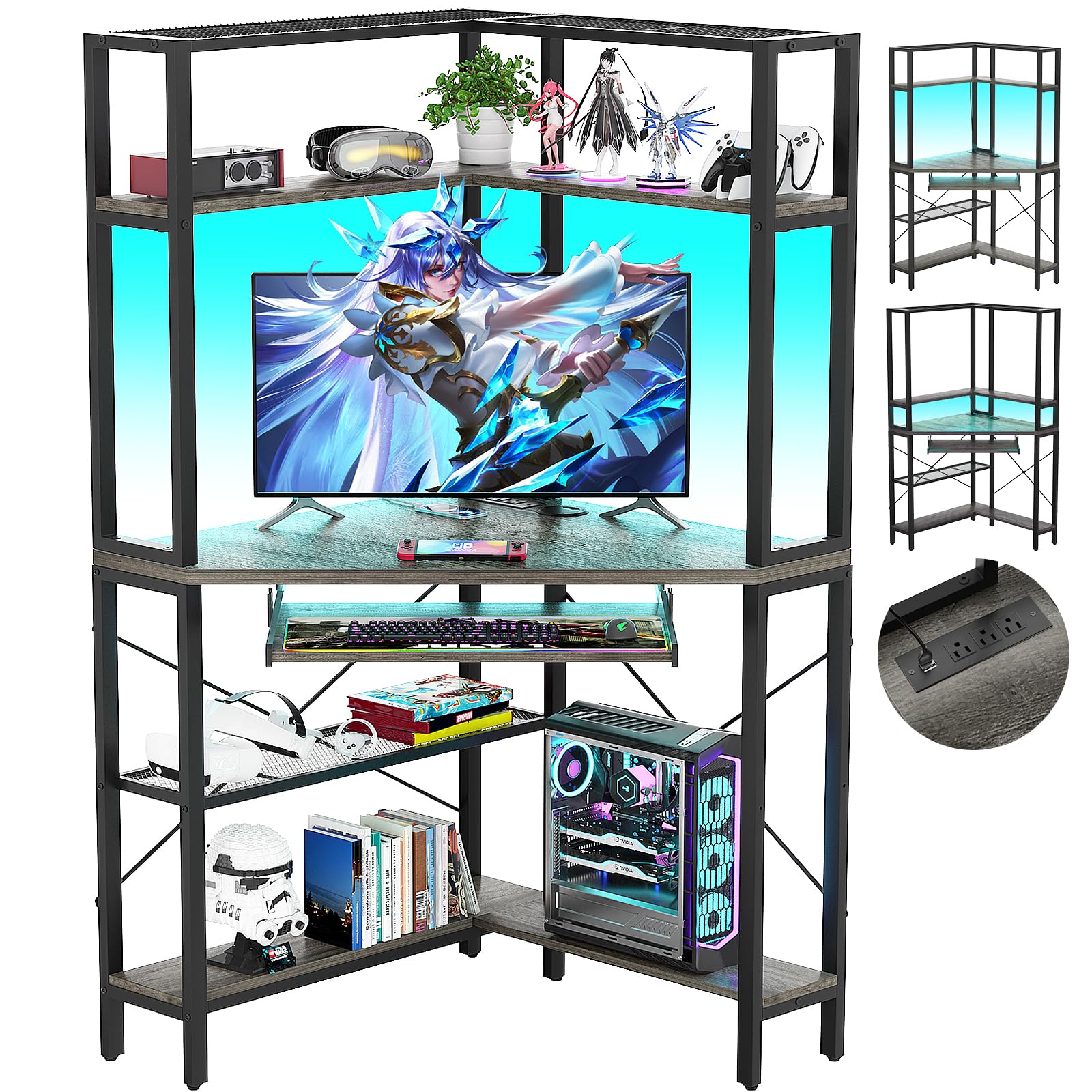 CyclysioSmall Corner Desk with Hutch, Corner Gaming Desk with LED Light & Power Outlets, Computer Desk with Keyboard Tray, Triangel Desk for Small Space, Home Office, Workstation, Grey