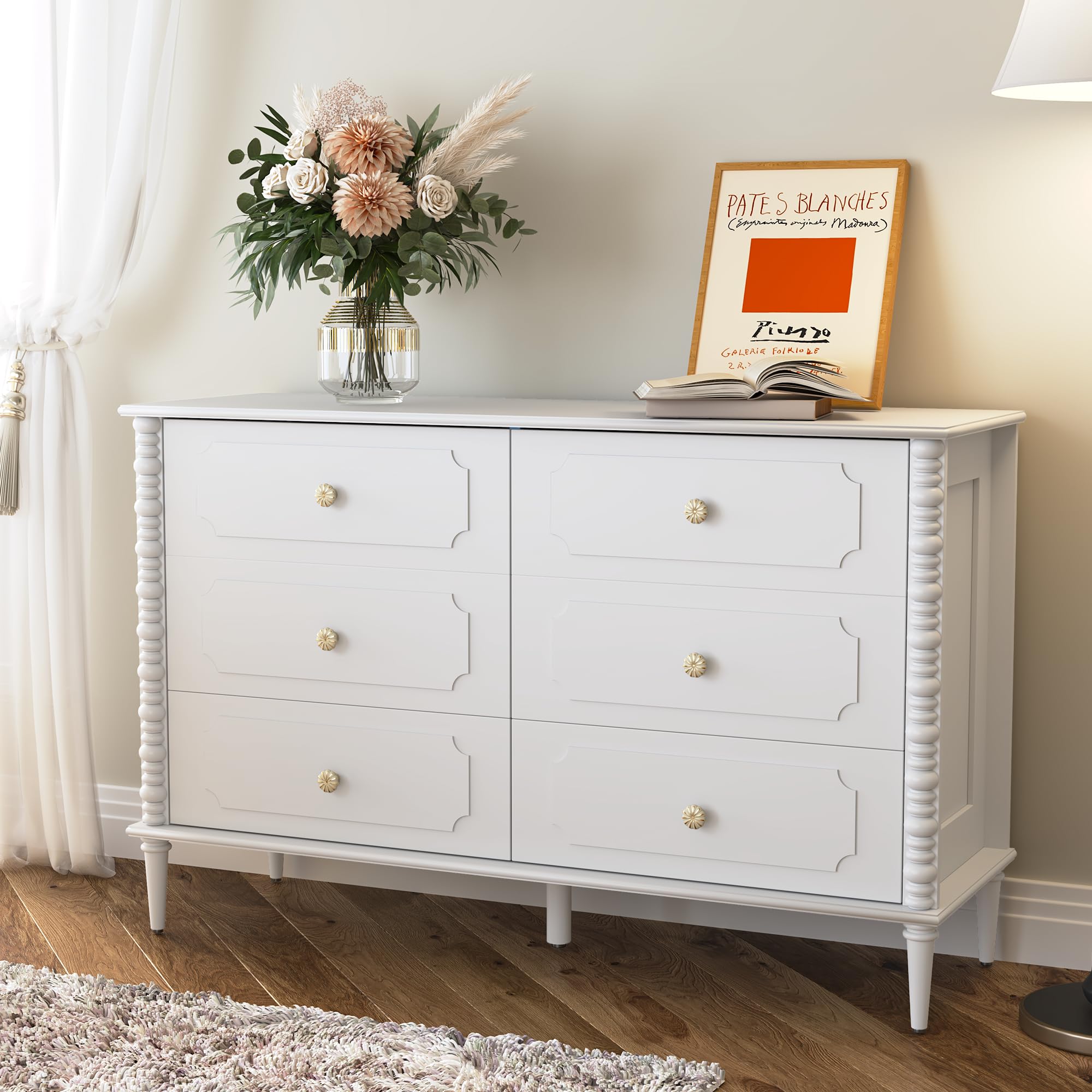 white 6 drawer dresser for bedroom, 47" wide chest of drawers with turned legs and ceramic knobs, double dresser, wood drawer storage organizer for bedroom, living room, hallway (used)