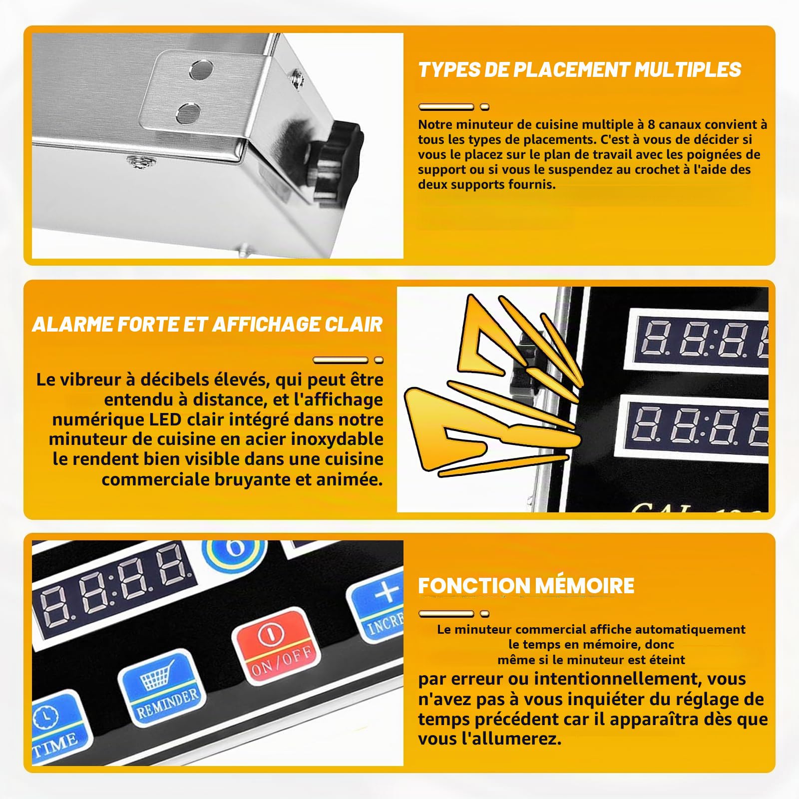 Temporizador de cuisine commercial à 8 canaux, minuteur de cuisine numérique, rappel de friteuse, cuisson, salle à manger, avec sonnerie de volume réglable, acier inoxydable pour restaurant, maison