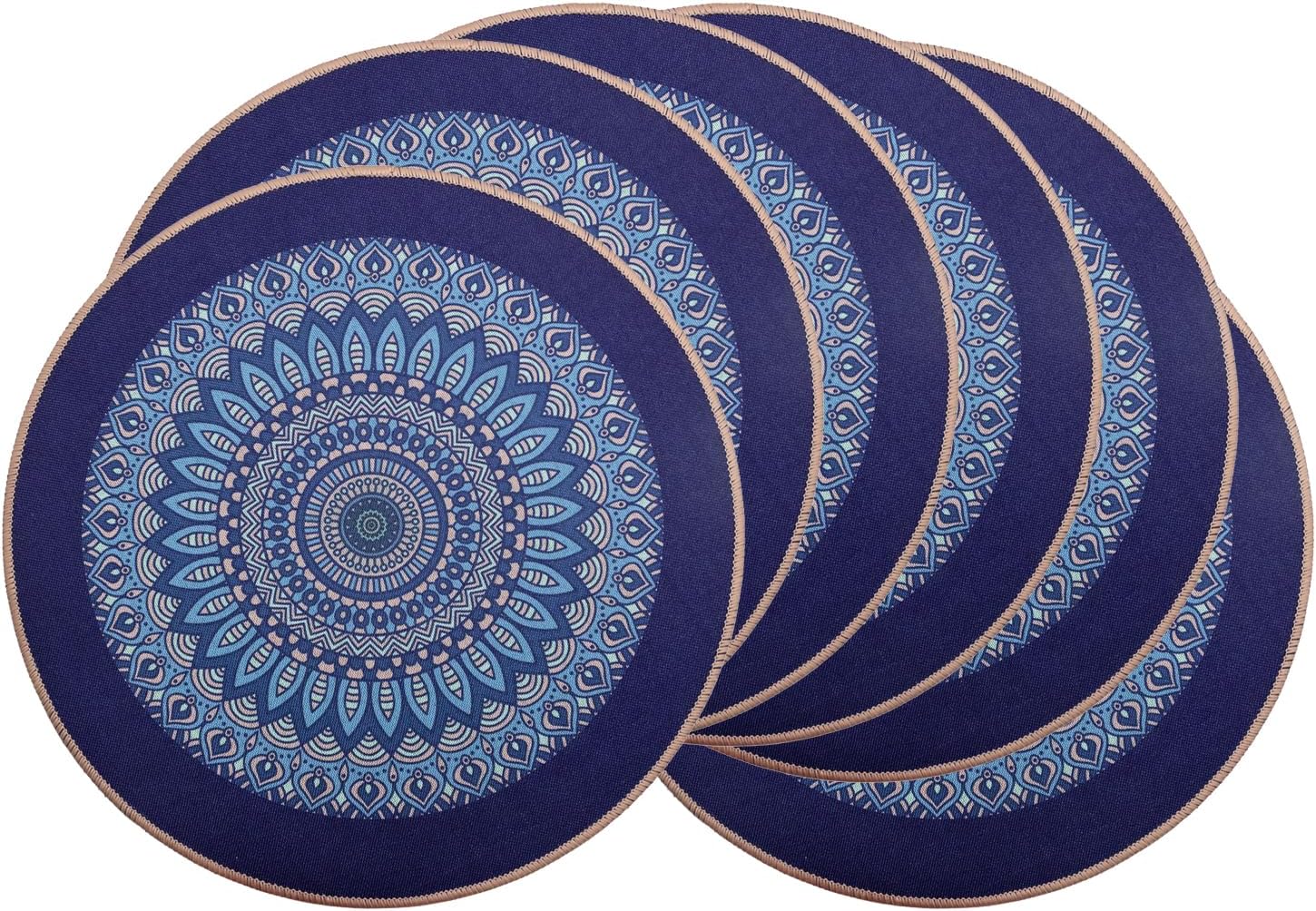 PIGCHCY Round Boho Placemats Set of 6, Rubber Heat Resistant Tabel Mats, Waterproof Washable Placemat for Dining Table Decoration (Deep Blue) 6pcs Round Rubber - Blue Streak