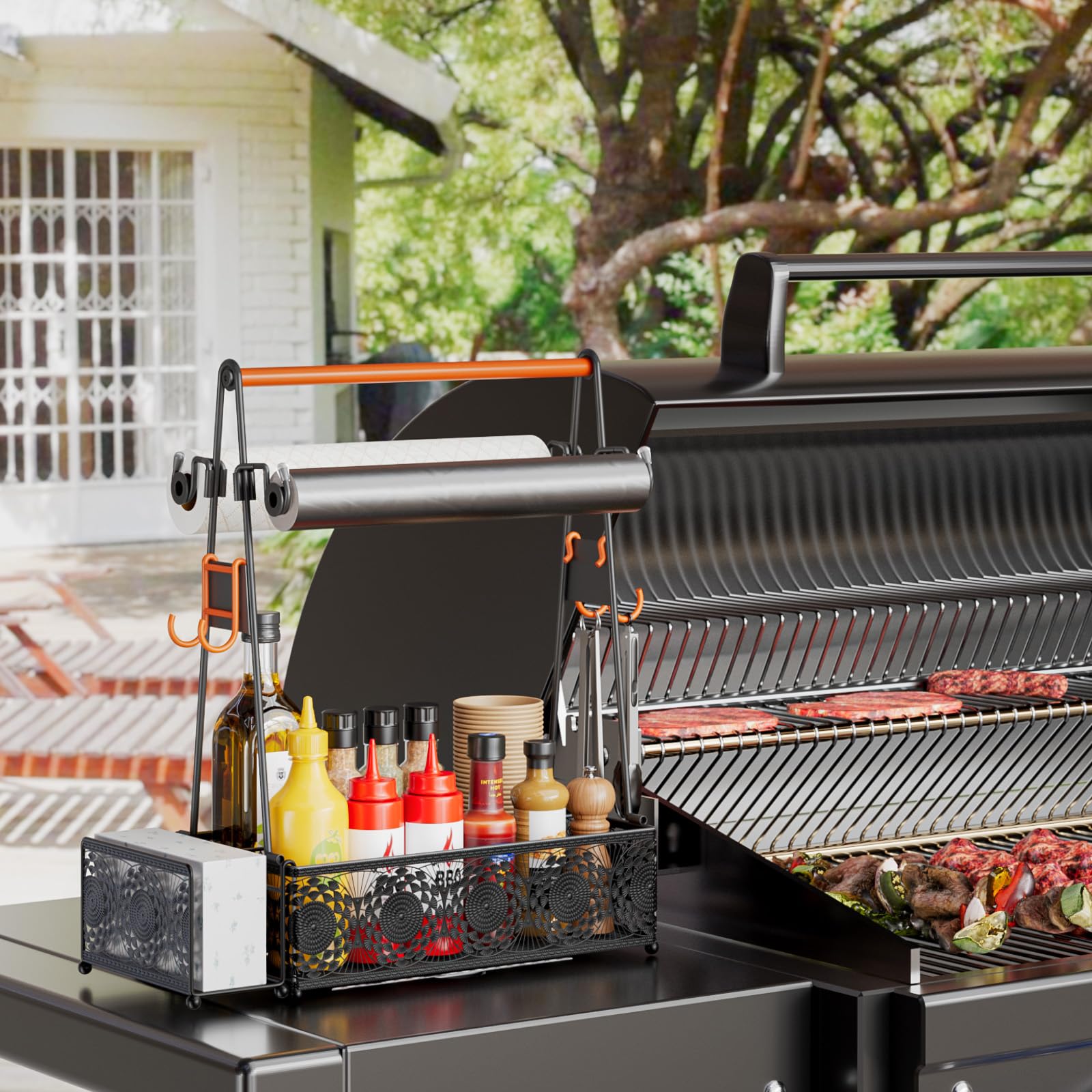 Grill Utensil Caddy – Organizer per barbecue, cestino in metallo per spezie, picnic, campeggio, utensili da cucina, parco spiaggia, patio da cucina