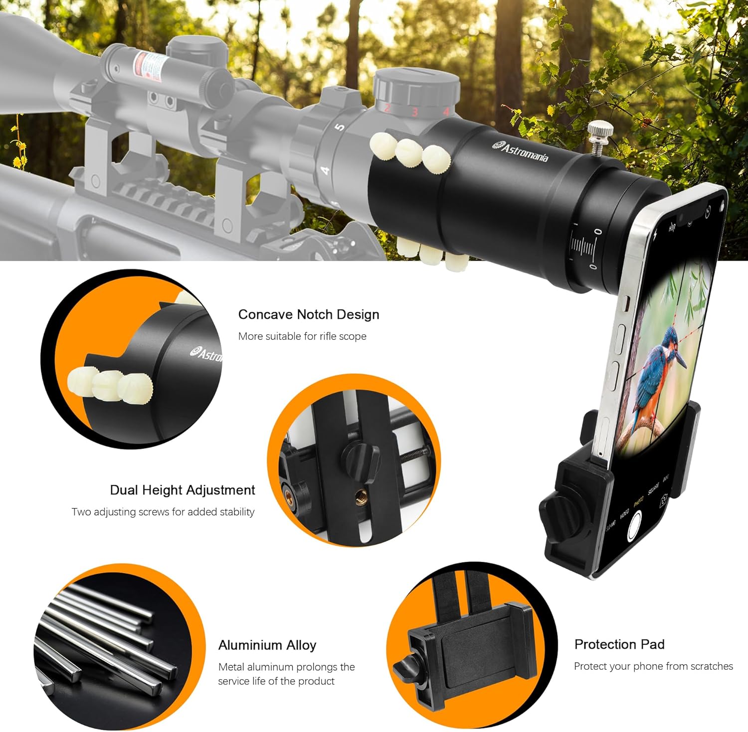 Astromania Rifle Scope Mount Camera Adapter - Phone Scope Adapter for Hunting Teaching & Bird Watching- Premium Aluminum, Featuring a 360-degree Angle Adjustment Smartphone Holder with Extension Tube