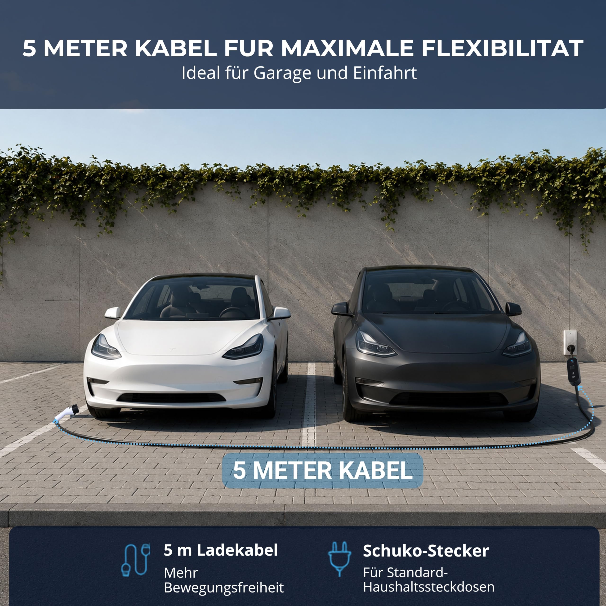 Ladekabel Elektroauto Typ 2 Schuko | 5 m - 3,7 kW | Für alle Typ-2 Elektroautos | LCD Anzeige | Ladekabel für sicheres Laden – ideal für den täglichen Einsatz zu Hause und unterwegs