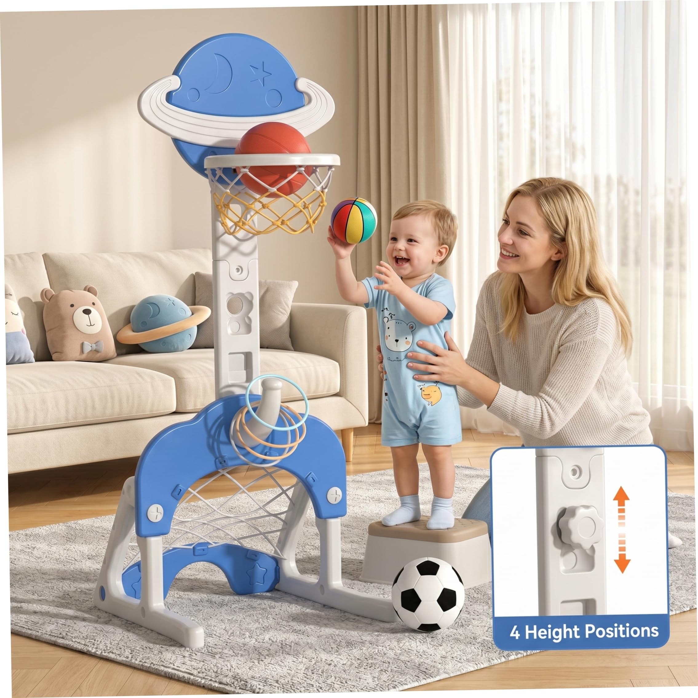 Canestro da Basket per Bambini e Supporto, Canestro da Basket per Bambini 3 in 1 con Calcio e Lancio dell'Anello Giocattolo Sportivo Divertente Regolabile in Altezza per Interni ed Esterni