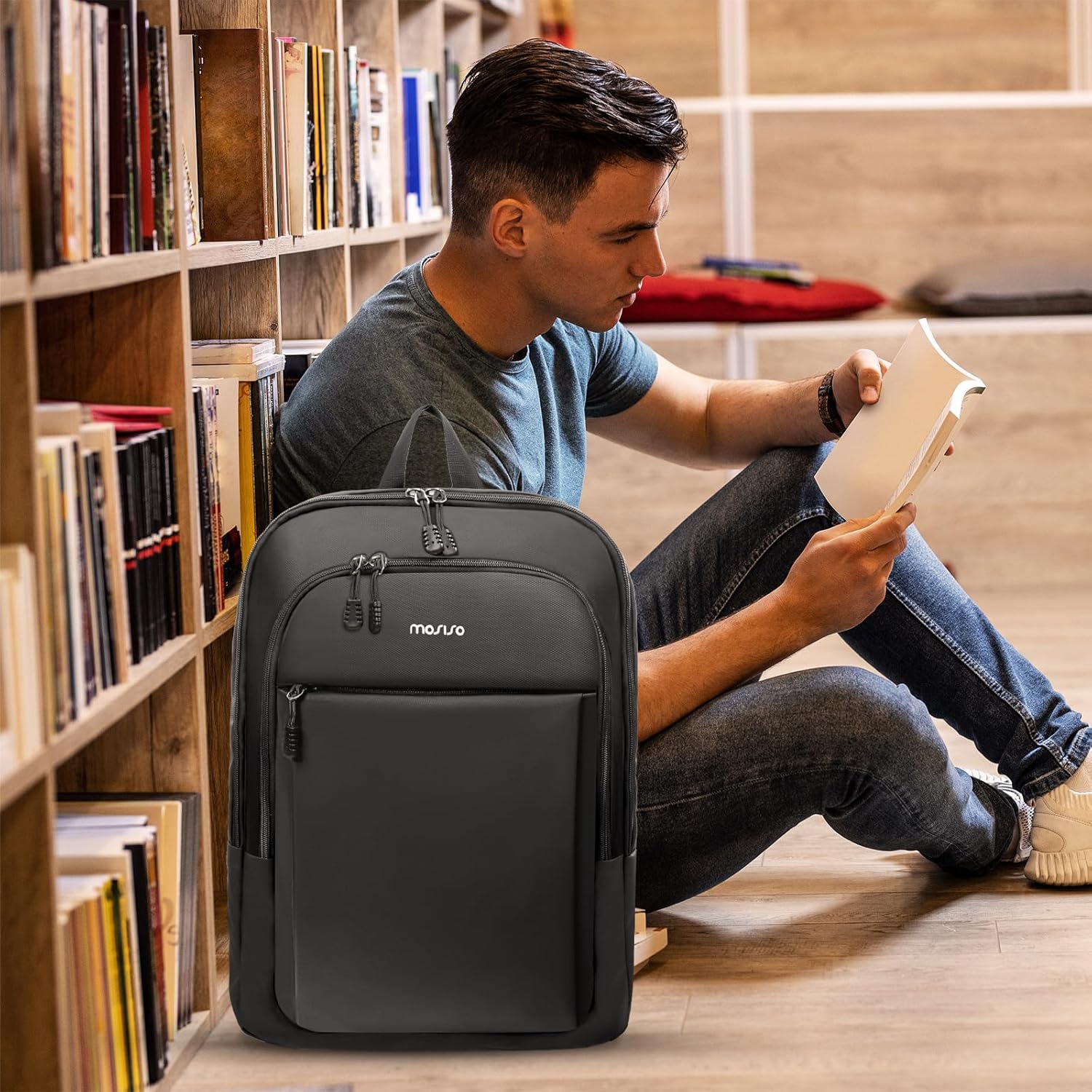 MOSISO Laptop Backpack for Men, Slim Lightweight Compact Computer Backpack for College Work Business Office Travel, 15.6 inch Waterproof Commute Laptop Bag Casual Daypack with Luggage Strap, Black - Image 6