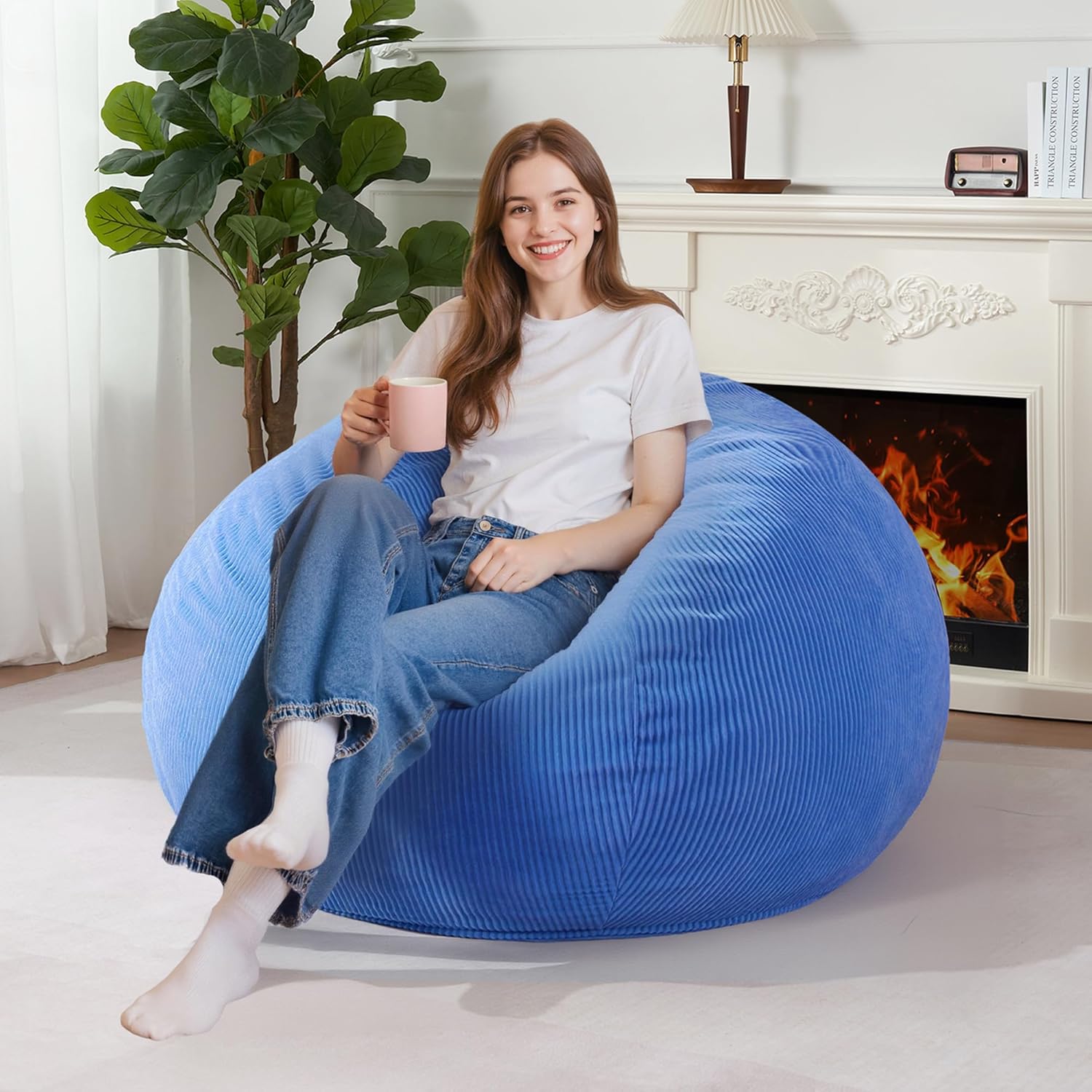 Homguava 3FT Bean Bag Chair: Teardrop Bean Bags with Memory Foam Filled, Compact Beanbag Chairs Soft Sofa with Corduroy Cover (Blue)