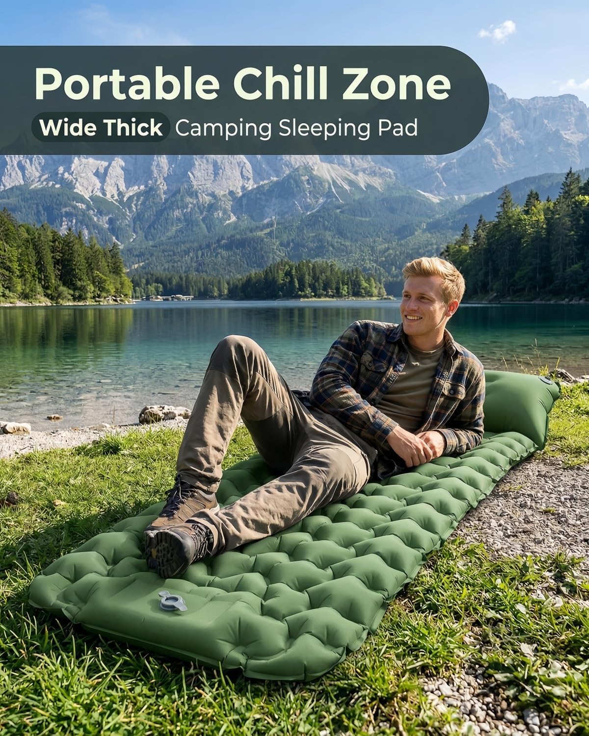 Lounge Mat - Your Portable Chill Zone, Wide Thick Self Inflating Sleeping Pad with Pillow Memory Foam Air Camping Mattress Built-In Foot Pump Waterproof Travel Bed Tent Outdoor Backpacking Gear