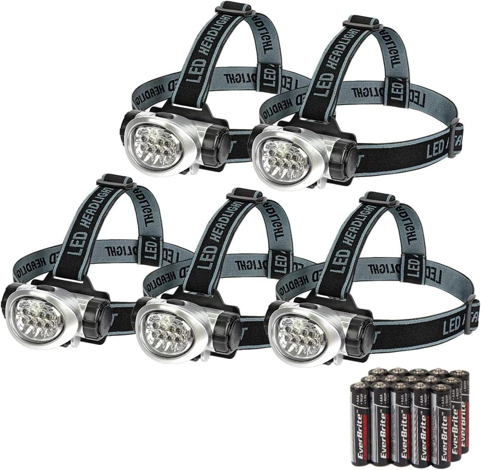 5-Pack LED Headlamp, 4 Lighting Modes, Pivoting Head with Adjustable Headband, Perfect for Running, Camping and Hiking, Batteries Included