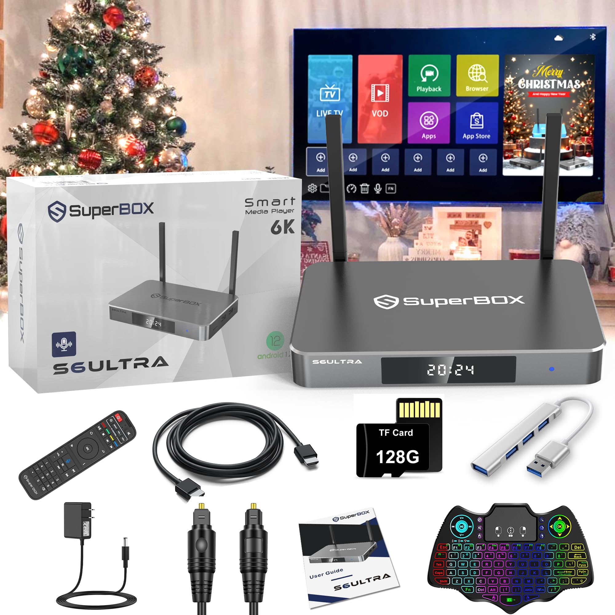 S6 Ultra 2025 New Version Box with 4GB RAM+128GB Storage, Detailed Setup Guide, HDMI Cable, Voice Remote, Backlit