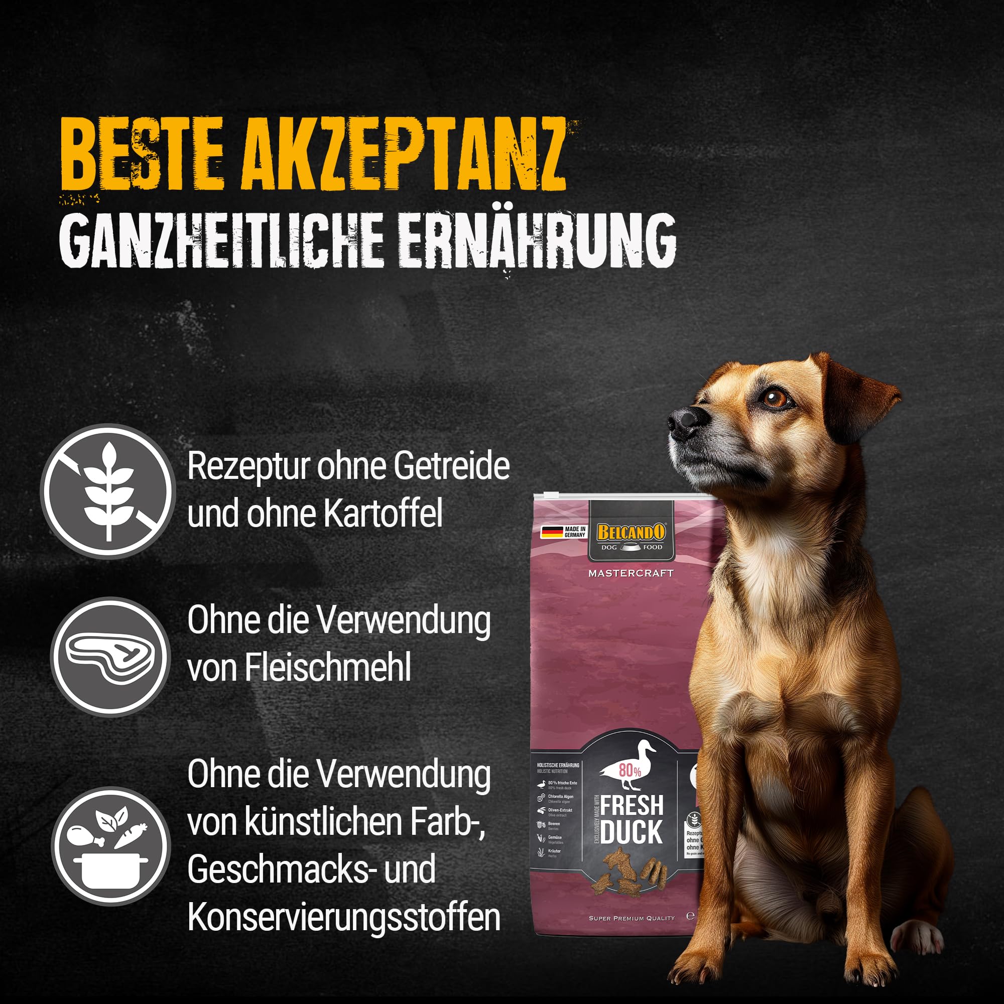 BELCANDO MASTERCRAFT Hundefutter trocken Fresh Duck, 10kg, Trockenfutter für Hunde mit Ente, 80% Frischfleisch, getreidefrei, für alle Rassen, Made in Germany
