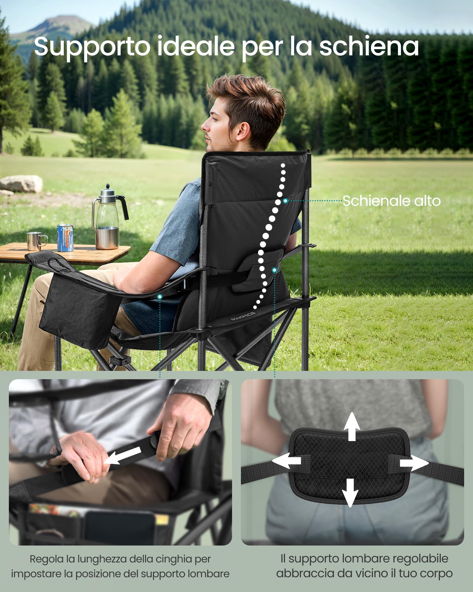 SONGMICS Sedia da Campeggio Imbottita Extra-Large Pieghevole con Supporto Lombare Portante 205 kg Nero Inchiostro