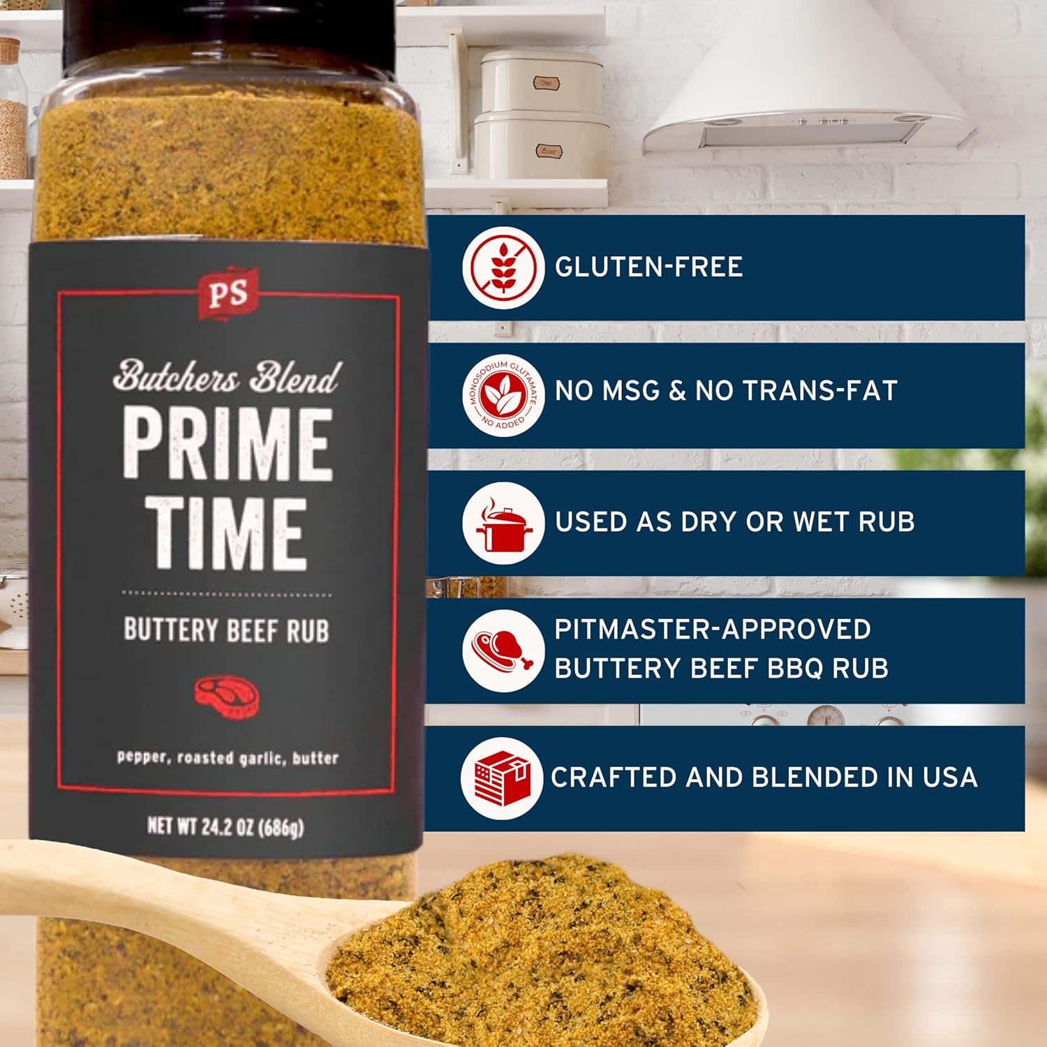 PS Seasoning Prime Time Butchers Blend - Buttery Garlic and Herb BBQ Seasoning & Beef Rub for Smoking, Grilling or Baking - Dry BBQ Rubs and Spices for Grilling Steaks, Pork, Chicken, Beef, 24.2oz