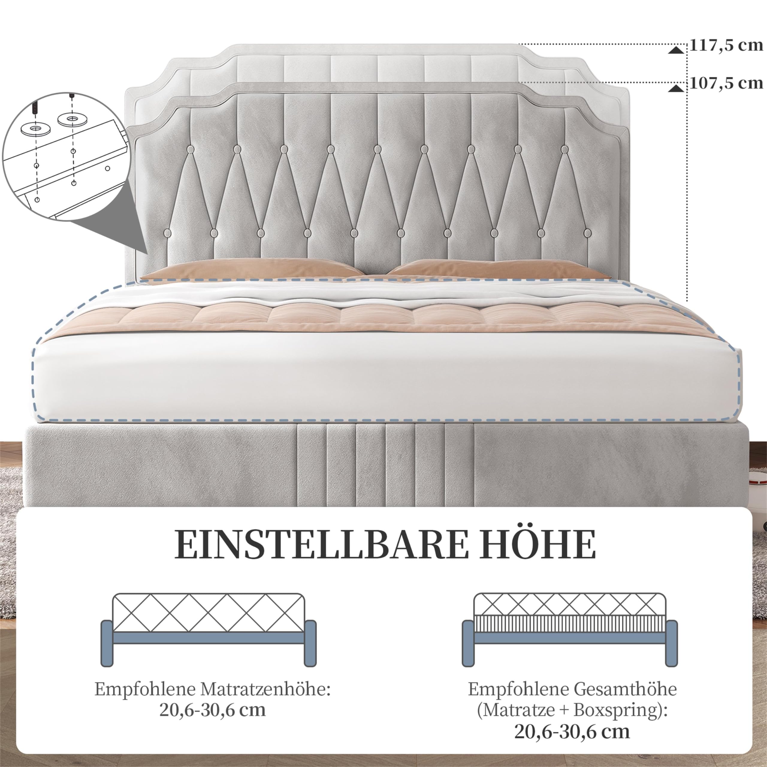 Yaheetech Polsterbett Doppelbett 160 x 200 cm Stoffbett Bettgestell Gepolstertes Bett mit höhenverstellbarem Kopfteil Bettrahmen mit Lattenrost, Beige | Modernes und elegantes Bett mit Lattenrost, robuste Struktur, weiche Oberfläche, 160 x 200 cm, Beige