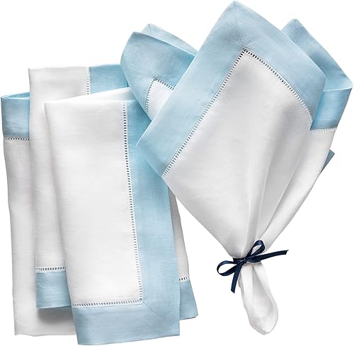 Servilletas de lino de 20 x 20 pulgadas, 100% lino blanco y azul claro, juego de 4 servilletas de cena clásicas de vainica para decoración de