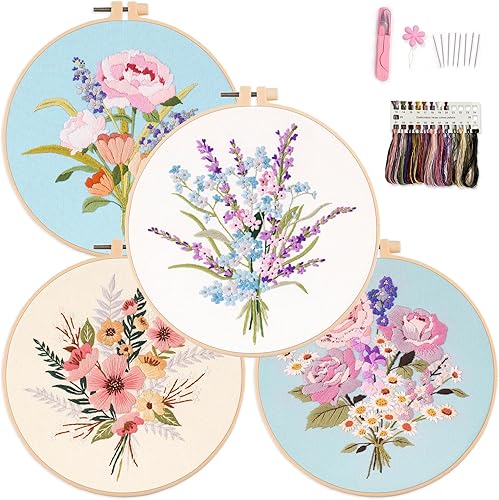 Myfelicity Kit de bordado, juego de 4 patrones de flores con 4 patrones y 2 aros, kit de punto de aguja para adultos y principiantes con hilo de