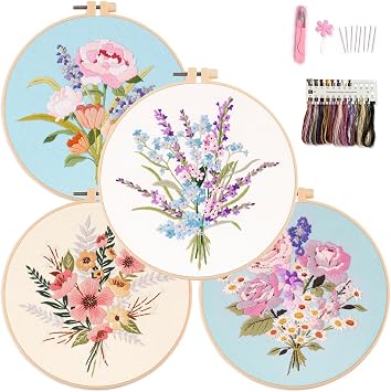 Myfelicity Embroidery Kit, 4 Flower Pattern Embroidery Set with 4 Patterns and 2 Hoops, Adult and Beginner Needlepoint Kit with Embroidery Floss, Needles, Cotton Fabric and Instructions...