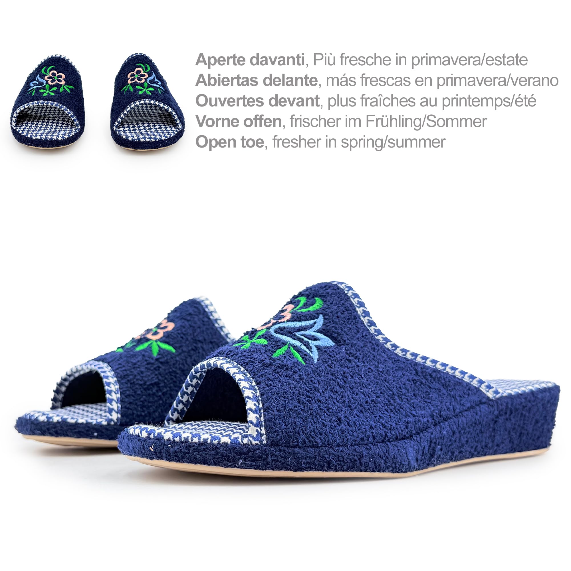 JOMIX Chaussons Éponge Ouverte Femme Maison Été Talon Compensé Semelle Liège Confortables avec Broderie pour Dame Souple Légères