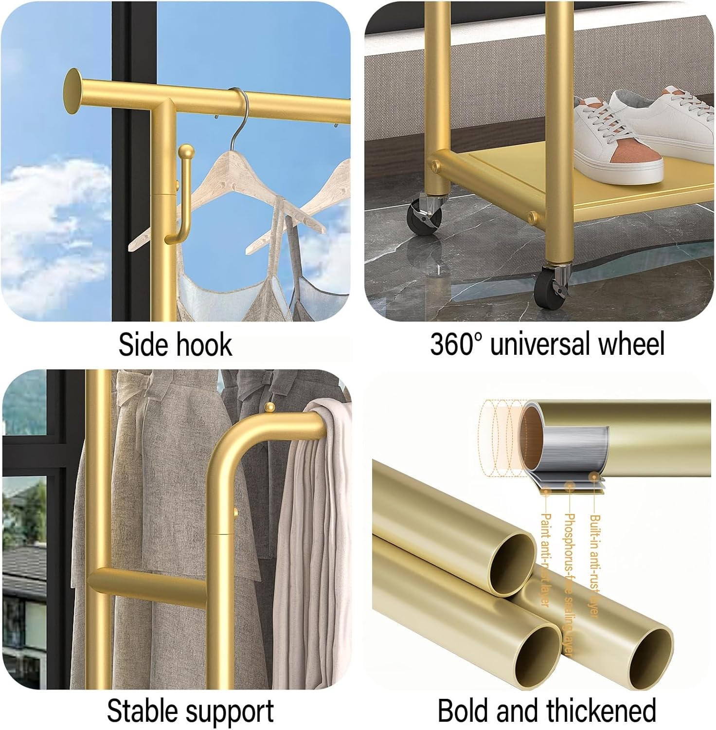 頑丈なダブルロッド洋服ラック、キャスター付き、ポータブルメタルガーメント、丈夫なゴールドコートを掛ける、寝室用、120cm (47.
