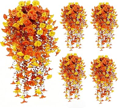 Fall Hanging Flowers Artificial Hanging Morning Glory Flowers for Outdoors for Outside,Garden,Home Decor,Wedding Events,Patio,Porch,YardFall,2 Bunches/4Pcs
