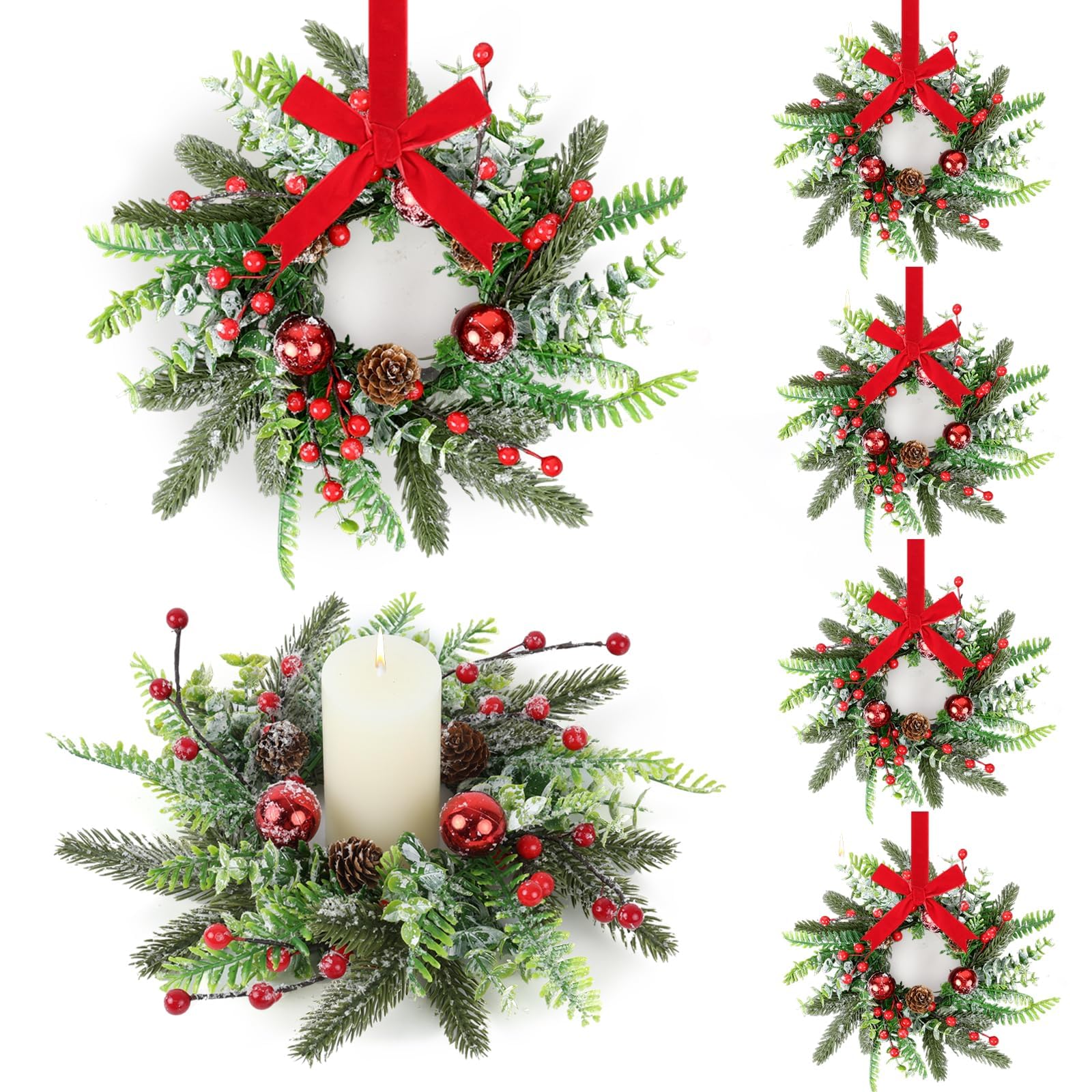 6 Pcs Christmas Candle Rings Wreaths Artificial Snowy Pine Cedar Red Berry Clusters Candle Rings Wreaths Mini Christmas Balls Wreath for Xmas Winter Front Door Window Decorations