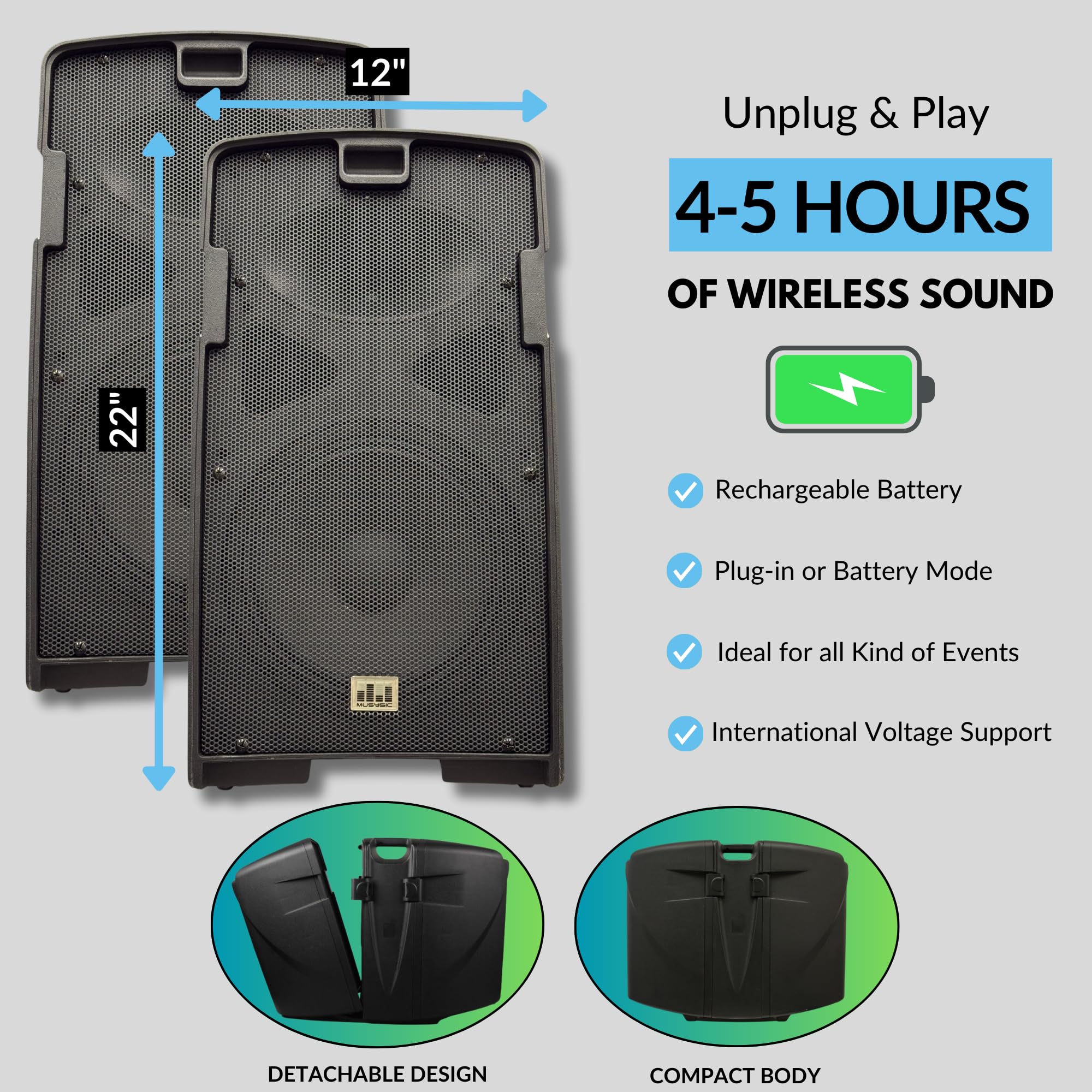 MUSYSIC PA Speaker System with 2000W Amp & Wireless UHF Microphone System-Rechargable pa System and 5 Ch Mixer wtih Power Amplifier for PA Systems- DJ & Portable Sound System-Bluetooth speaker-10