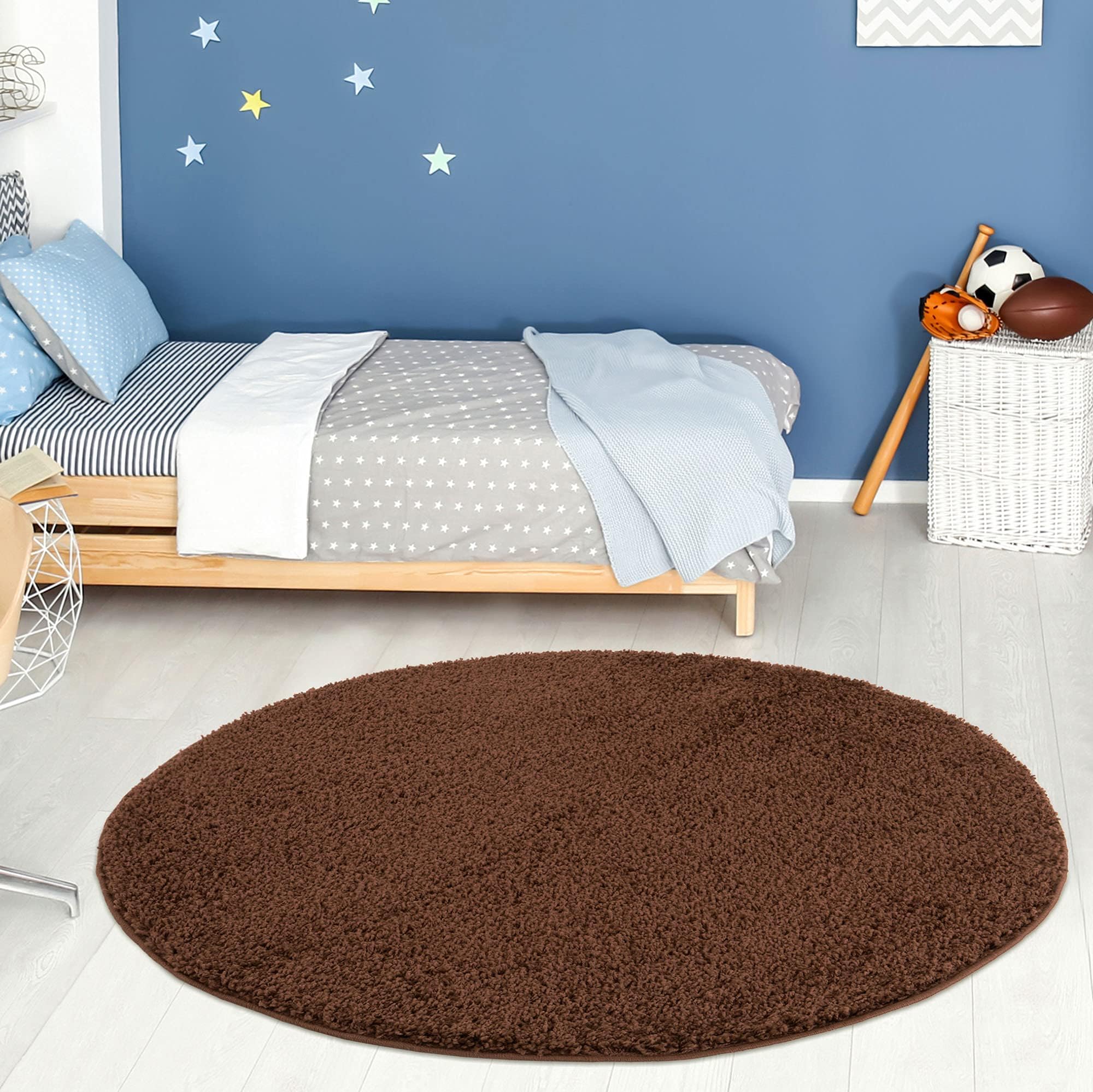 THE RUGS Living Room Rug - Shaggy Soft And Elegant Carpets For The Bedrooms And Kitchen, Easy To Clean, Many Different Sizes (120 cm Round, Brown)