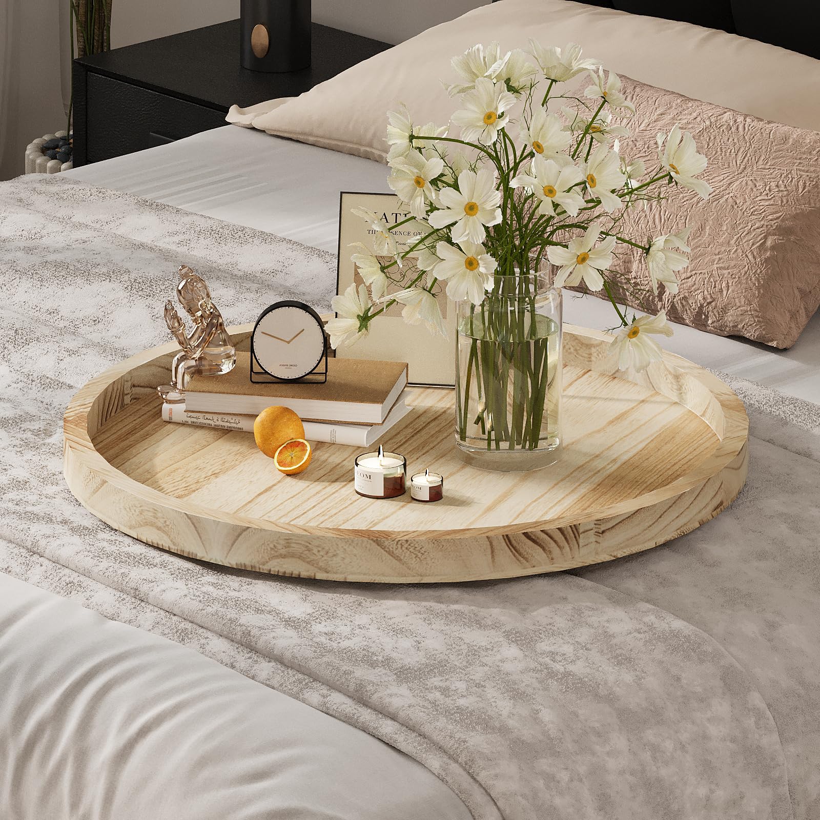 Plateau Rond En Bois Massif Extra Large - Idéal Pour Le Service Thé Ou Apéro