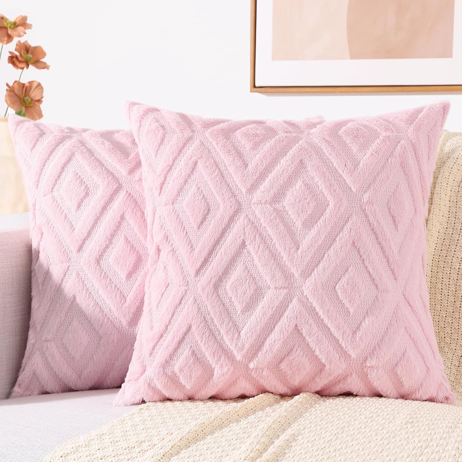 decorUhome Spring Valentines Couch Throw Pillow Covers 18x18 Set of 2, Decorative Soft Plush Faux Fur Wool Accent Pillow Covers for Modern Farmhouse Bed Sofa Living Room, Light Pink