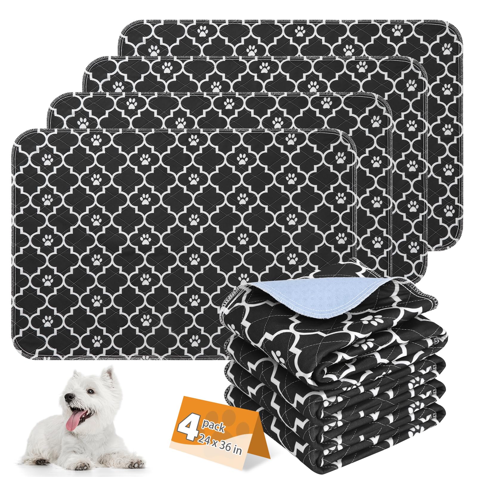 KOOLTAIL Washable Pee Pads for Dogs, 4 Packs Super Absorbent Leakproof &amp; Non-Slip Dog Pee Pad Large, Reusable Puppy Training Pads Waterproof, Pet Mat Rug for Whelping, Floor, Crate, Car, Cats 24"x36"